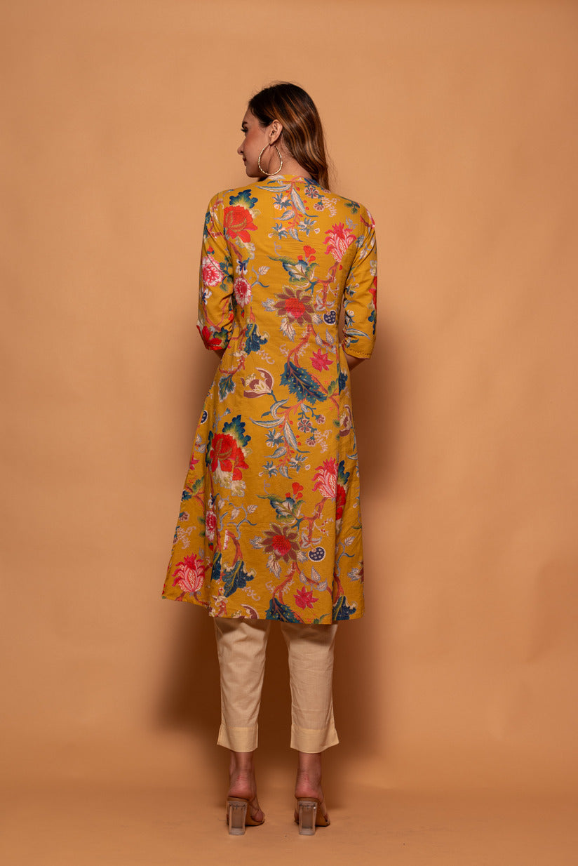 Mustard Yellow Floral Printed Simple Cotton Kurti