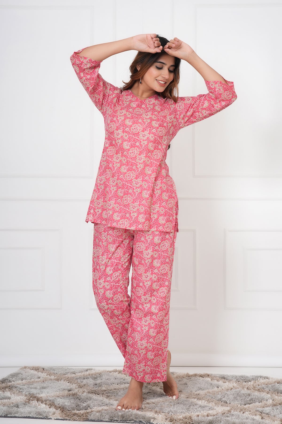 Blossom Floral Printed V-Neck Night Suit Set with Top & Pajama Pants - Rose Pink