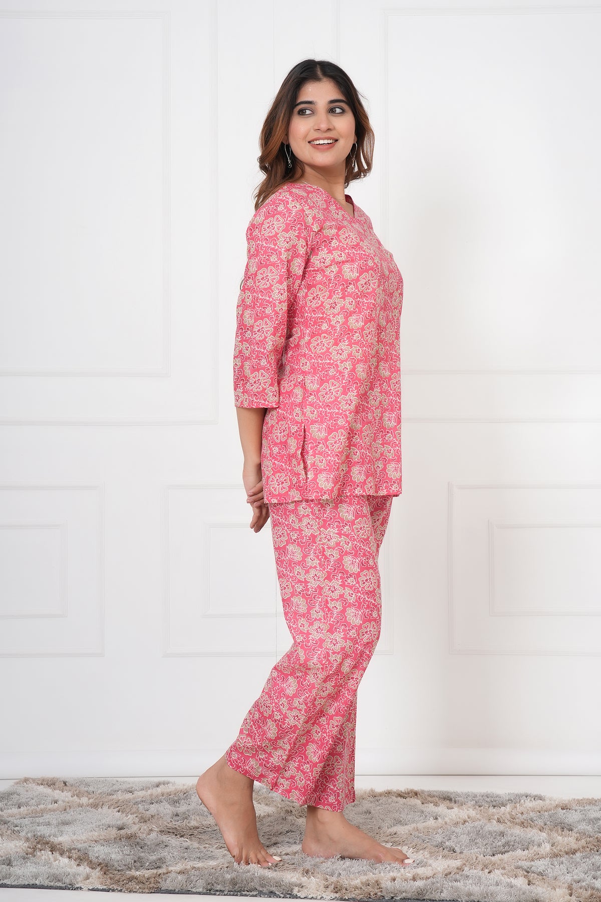 Blossom Floral Printed V-Neck Night Suit Set with Top & Pajama Pants - Rose Pink