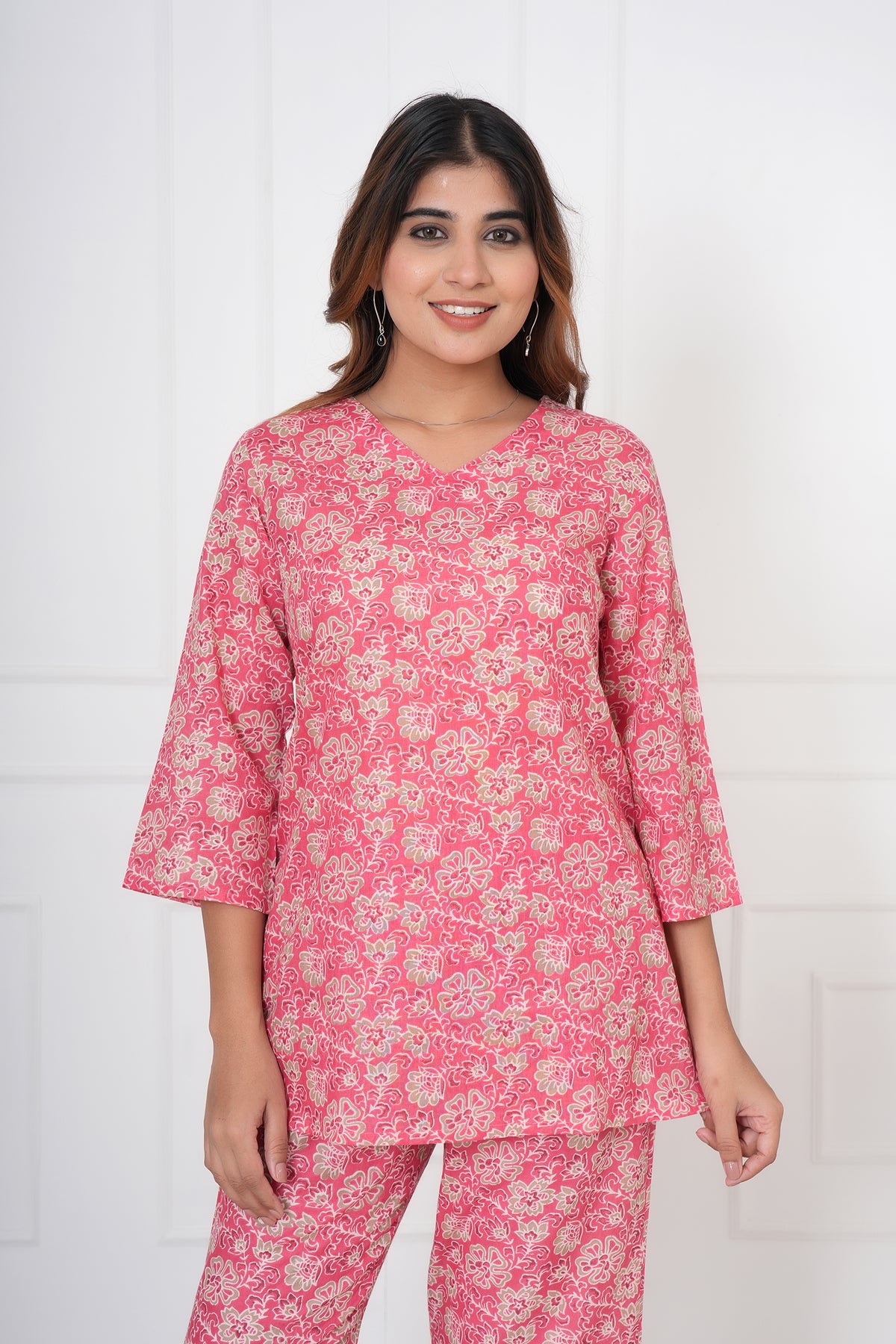 Blossom Floral Printed V-Neck Night Suit Set with Top & Pajama Pants - Rose Pink