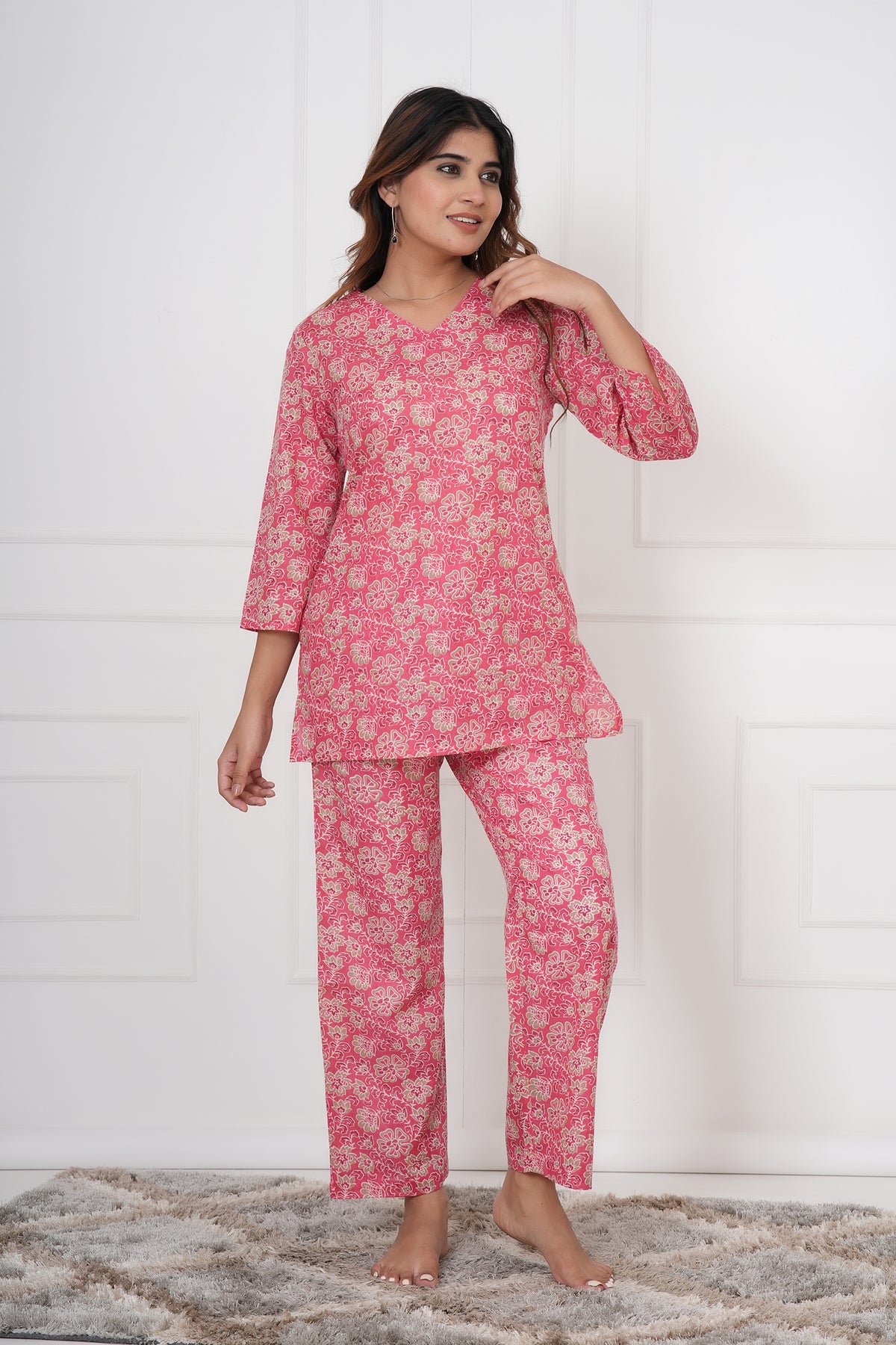 Blossom Floral Printed V-Neck Night Suit Set with Top & Pajama Pants - Rose Pink