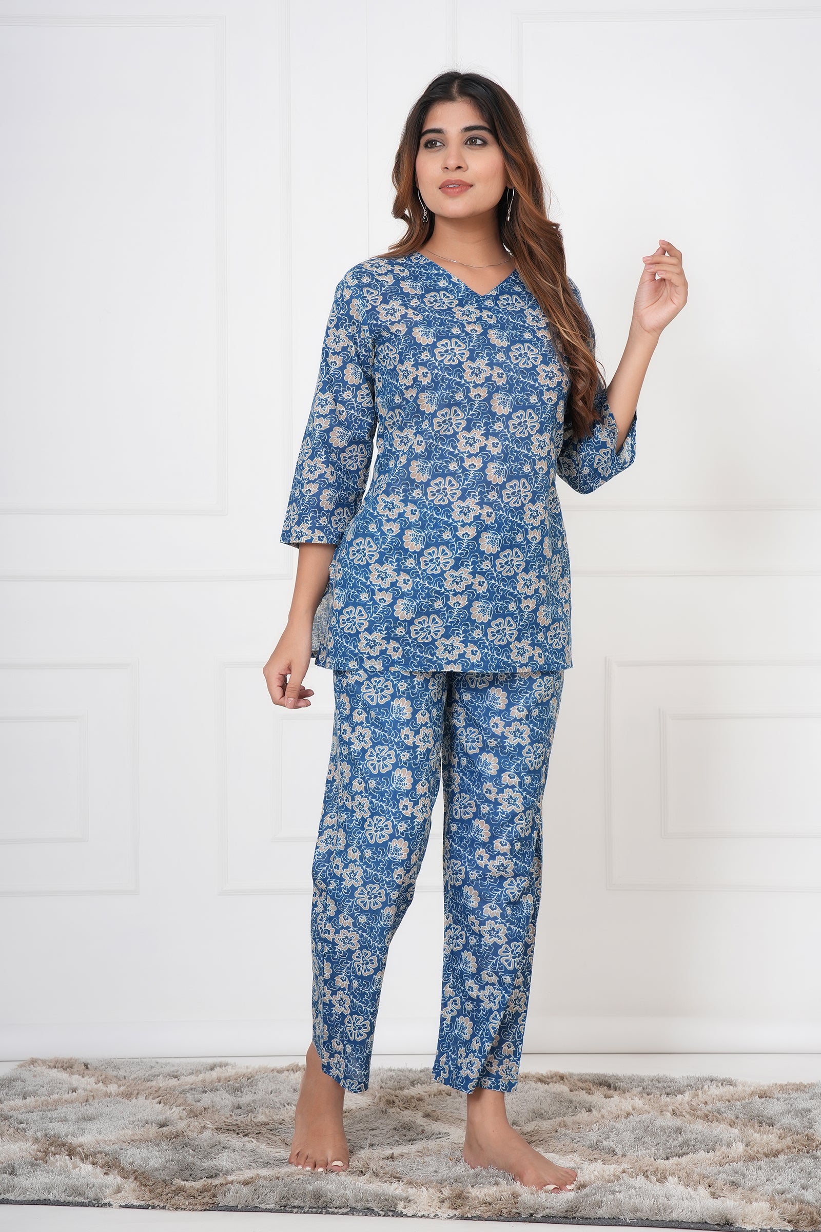 Floral Hand Printed Navy Blue Ladies Cotton Night Dress