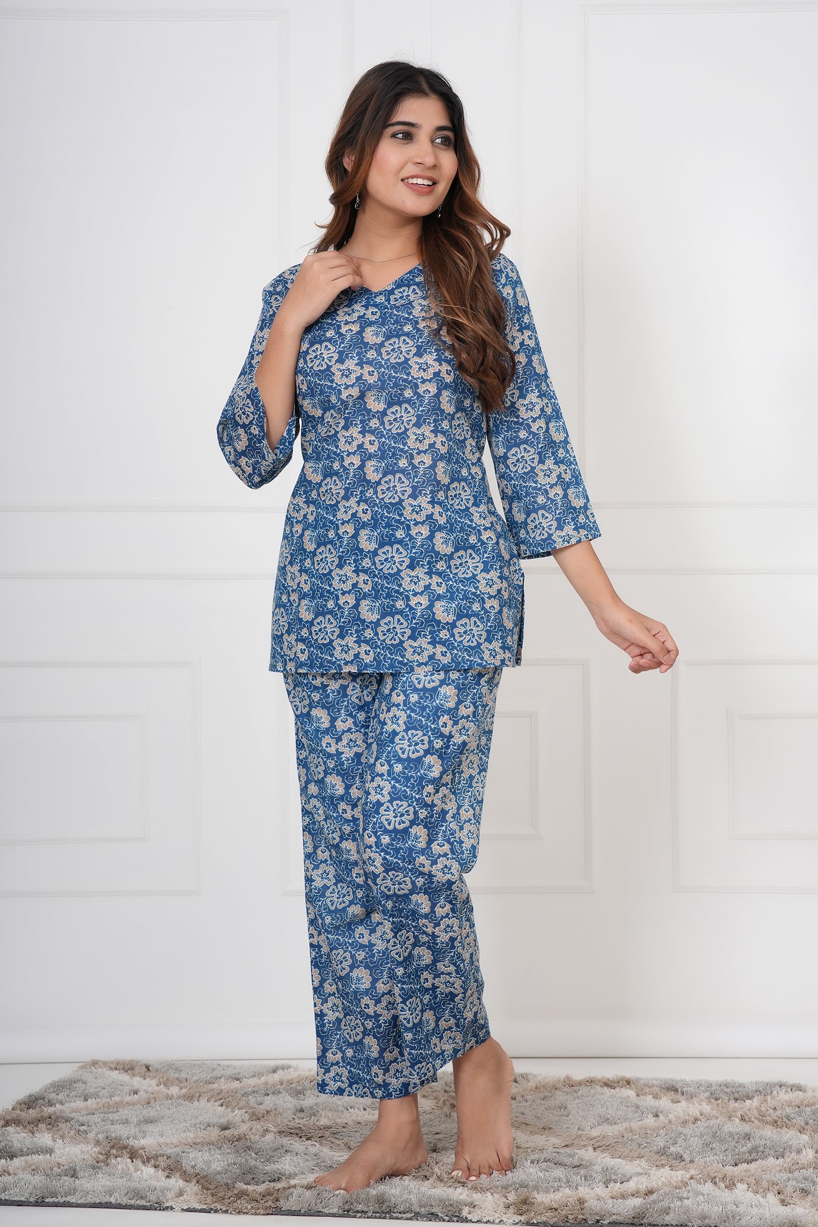 Floral Hand Printed Navy Blue Ladies Cotton Night Dress