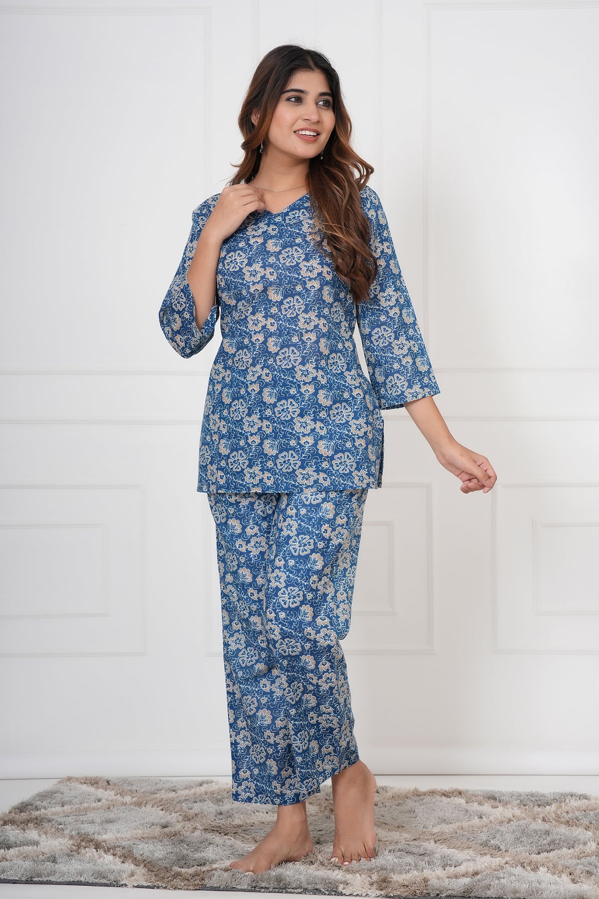 Blossom Floral Printed V-Neck Night Suit Set with Top & Pajama Pants - Indigo Blue