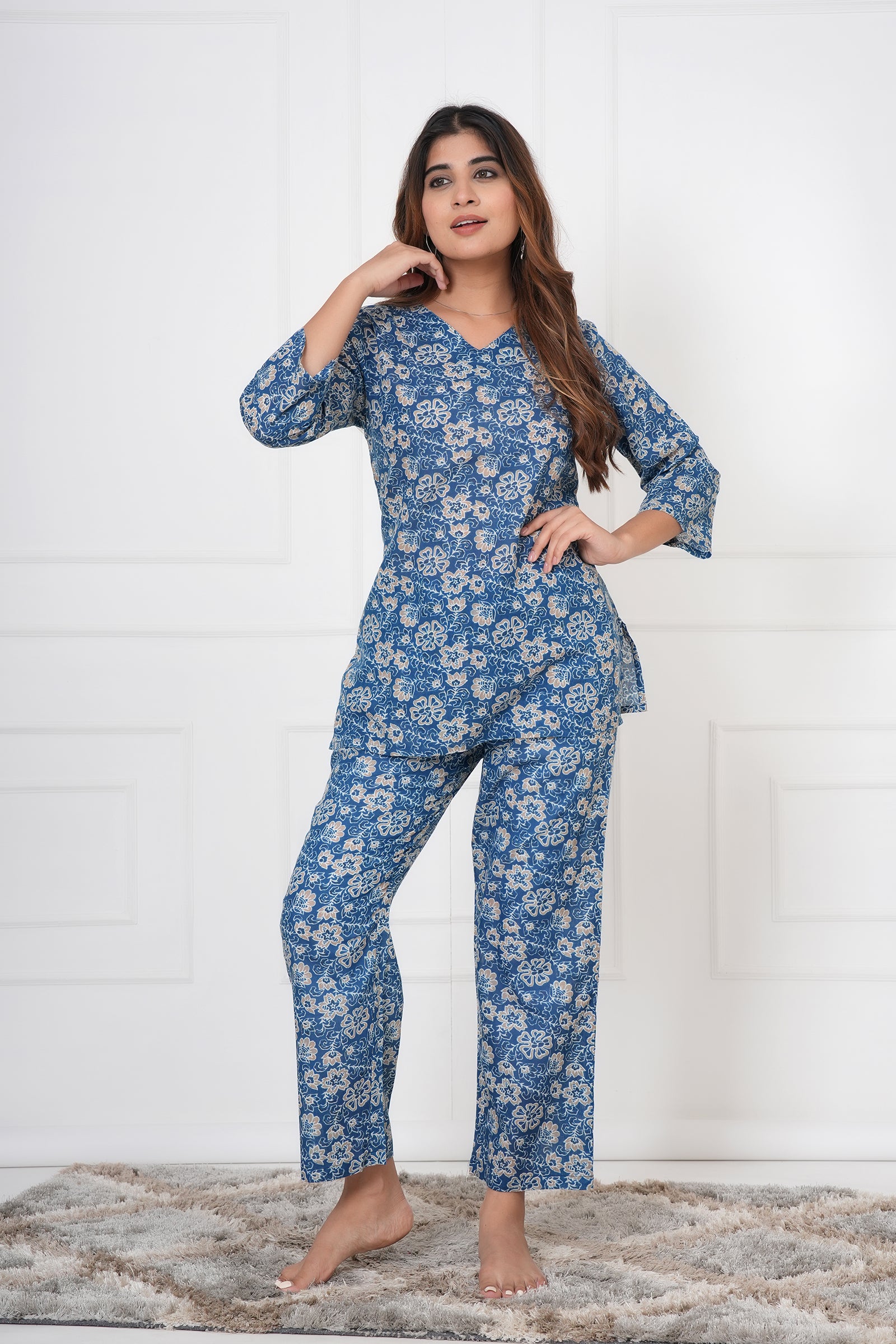 Floral Hand Printed Navy Blue Ladies Cotton Night Dress
