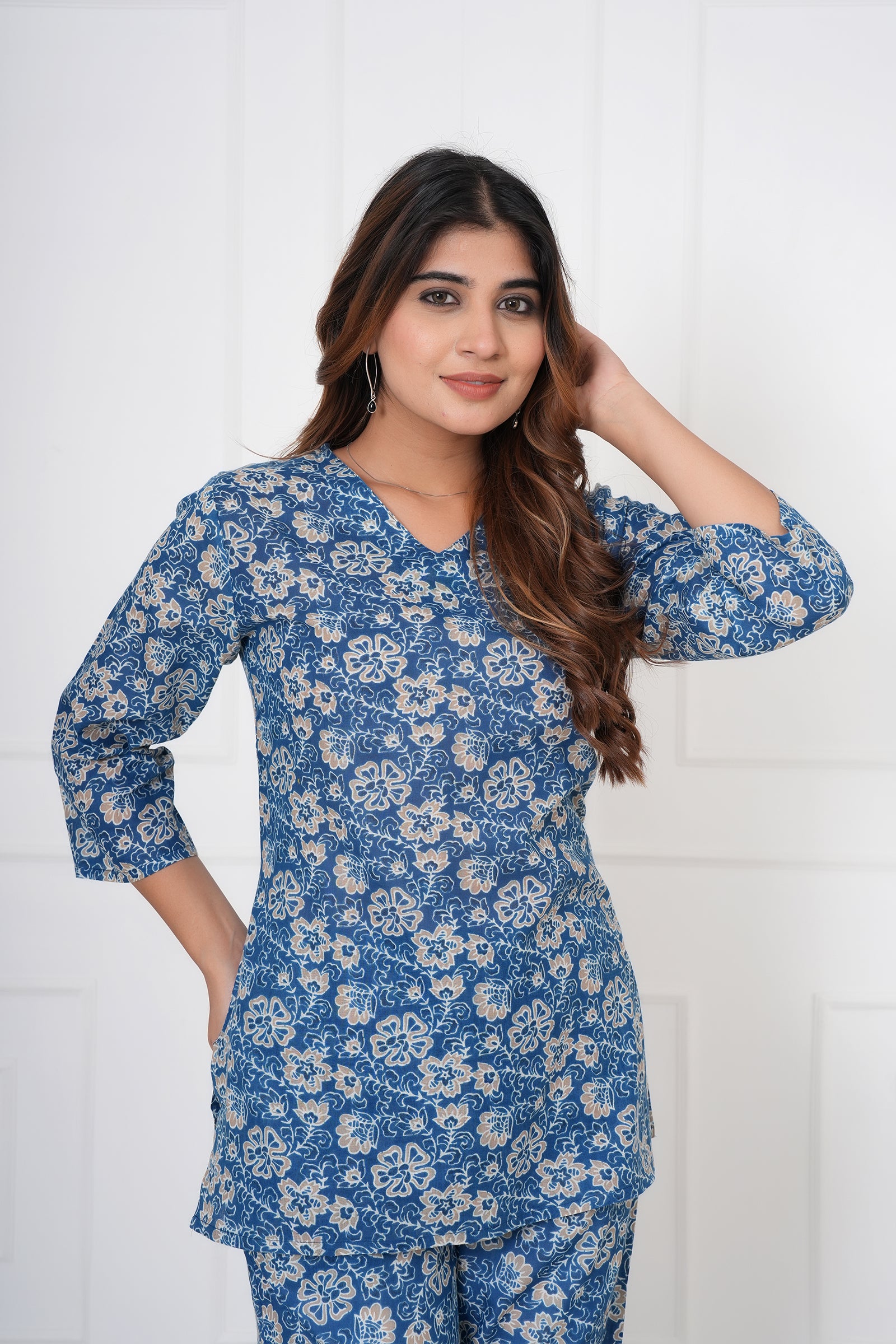Floral Hand Printed Navy Blue Ladies Cotton Night Dress
