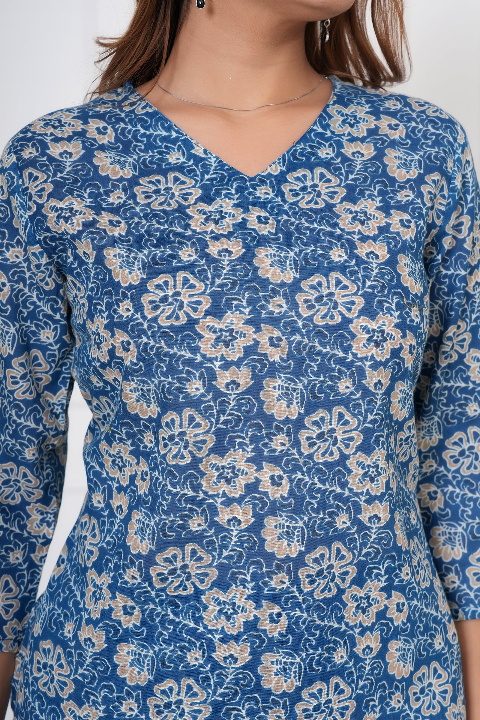 Floral Hand Printed Navy Blue Ladies Cotton Night Dress