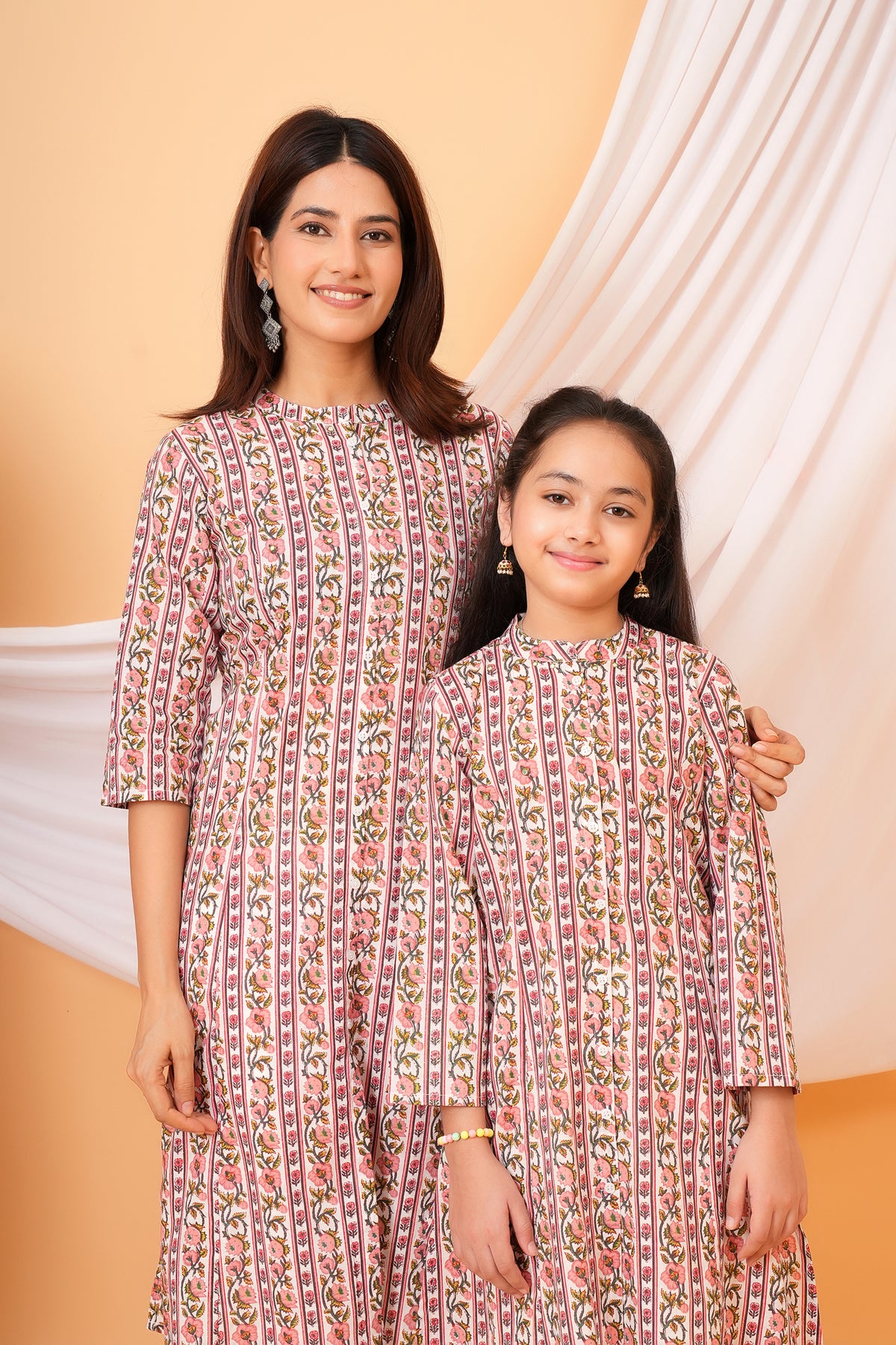 Traditional Floral Print Multicolor Kurta For Father- Pink With Yellow Flower