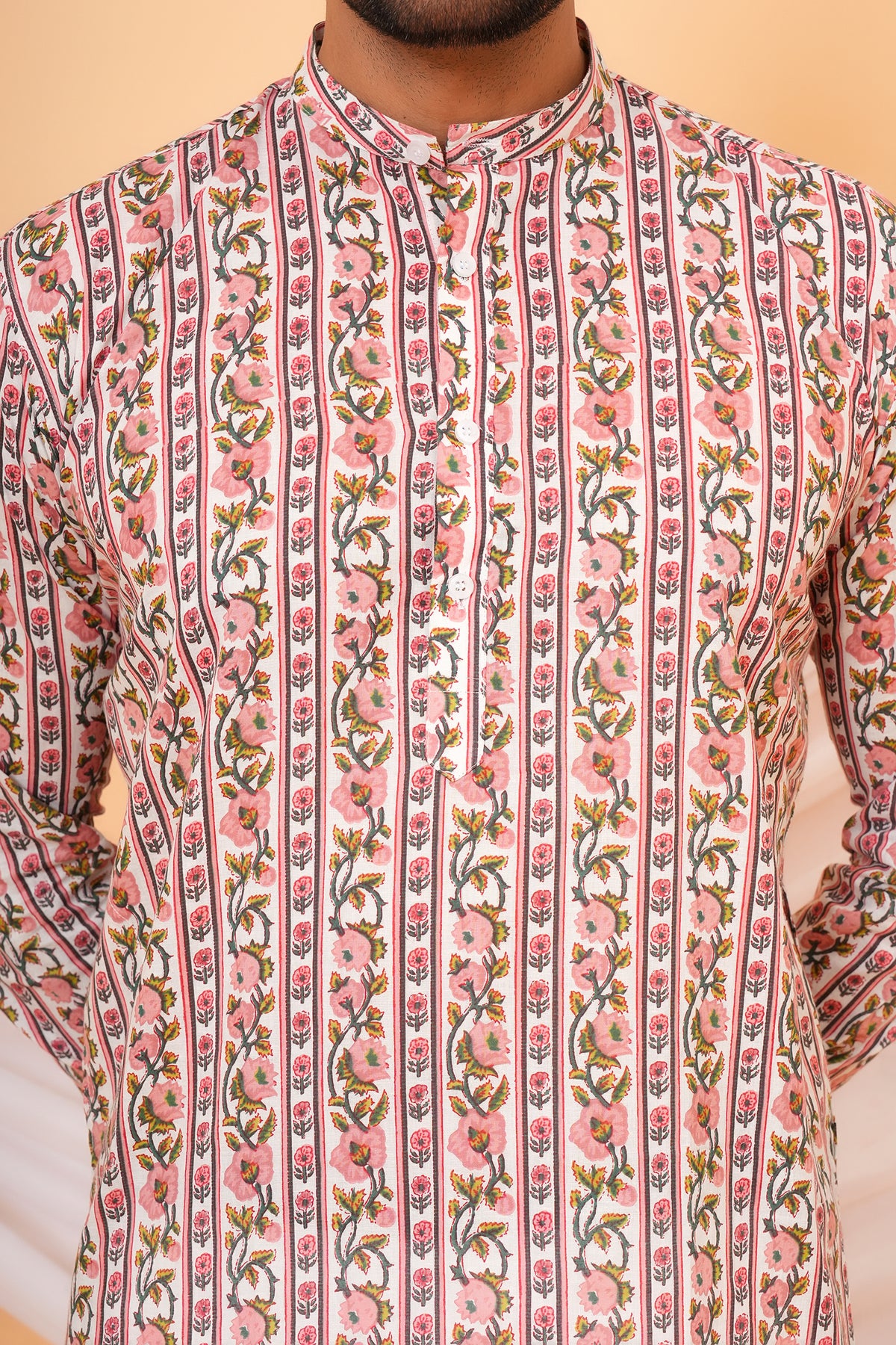 Traditional Floral Print Multicolor Kurta For Father- Pink With Yellow Flower