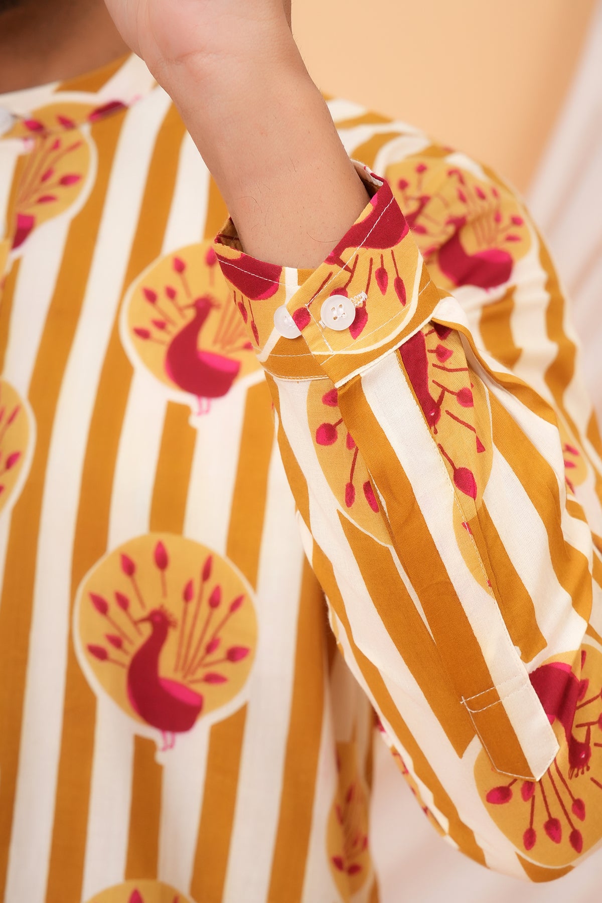 Traditional Peacock Motifs With Vertical Stripes Cotton Kurta For Father