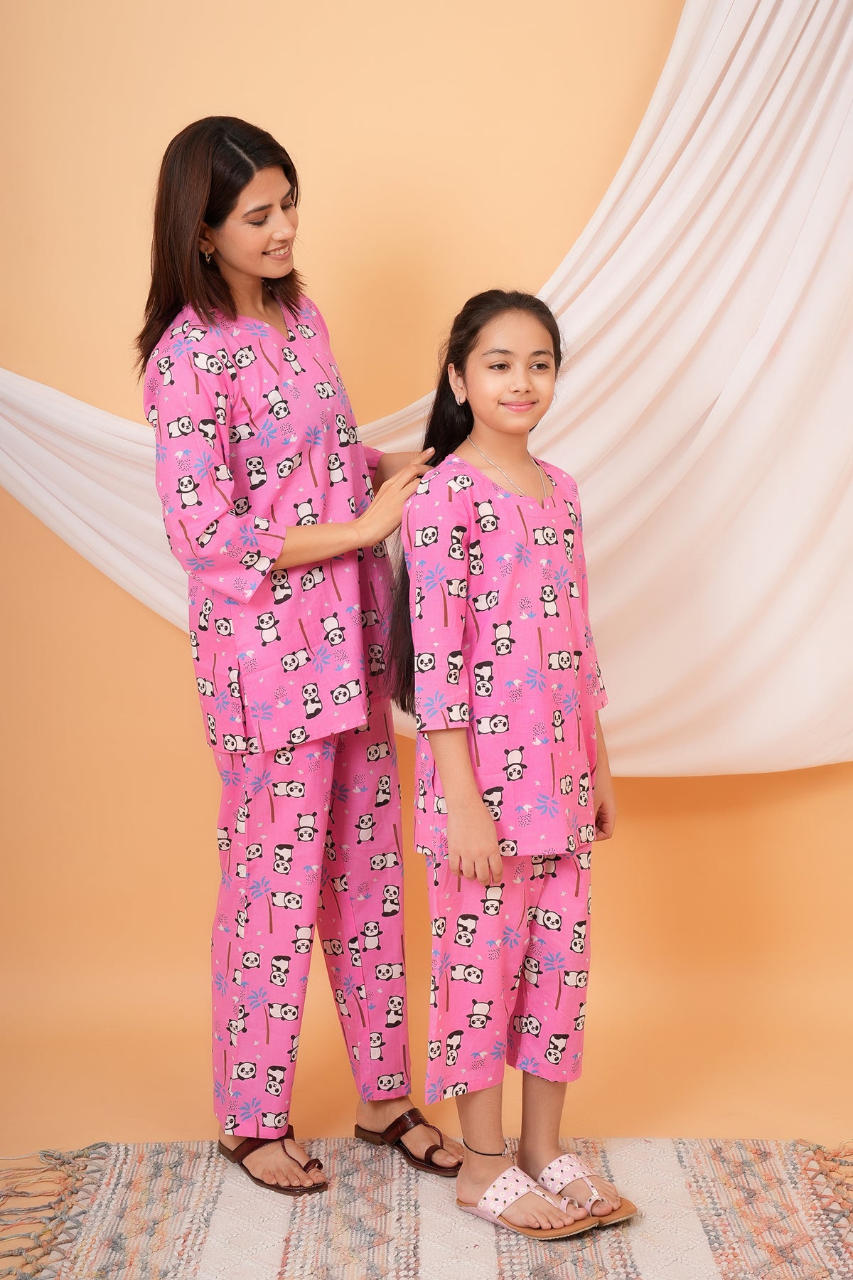 Panda & Tree Printed Night Dress for Maa Beti Duo - Pink