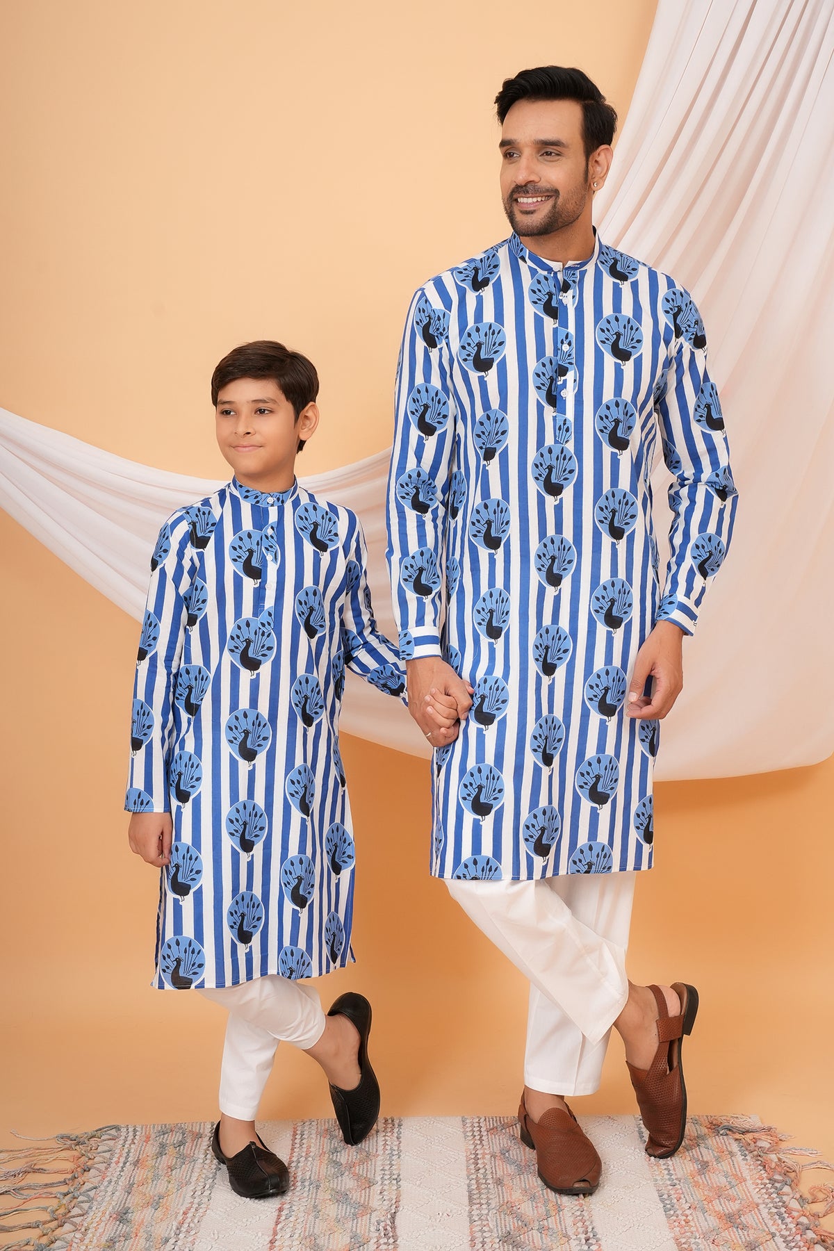 Traditional Peacock Motifs With Vertical Stripes Cotton Kurta For Father- Blue