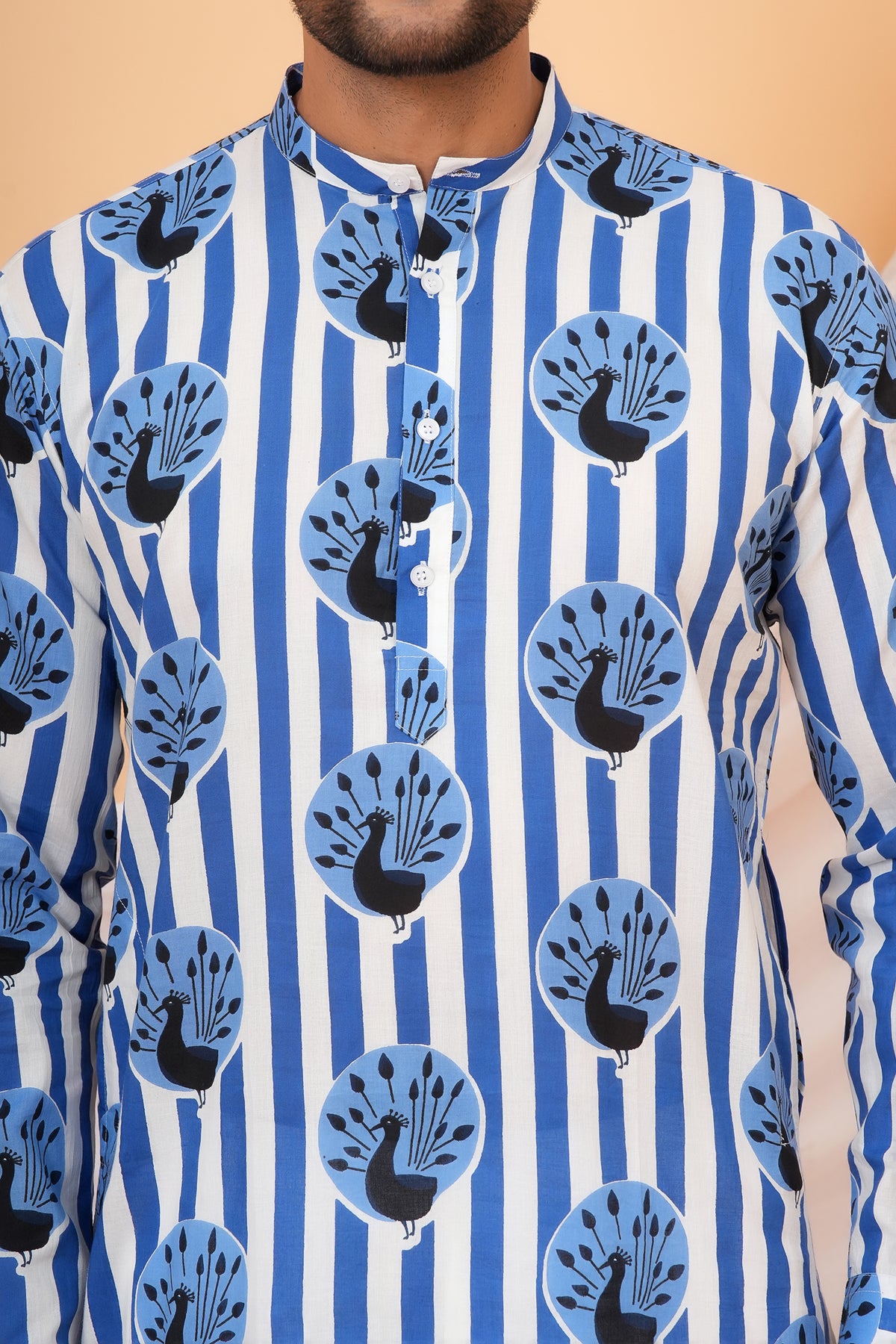 Traditional Peacock Motifs With Vertical Stripes Cotton Kurta For Father- Blue
