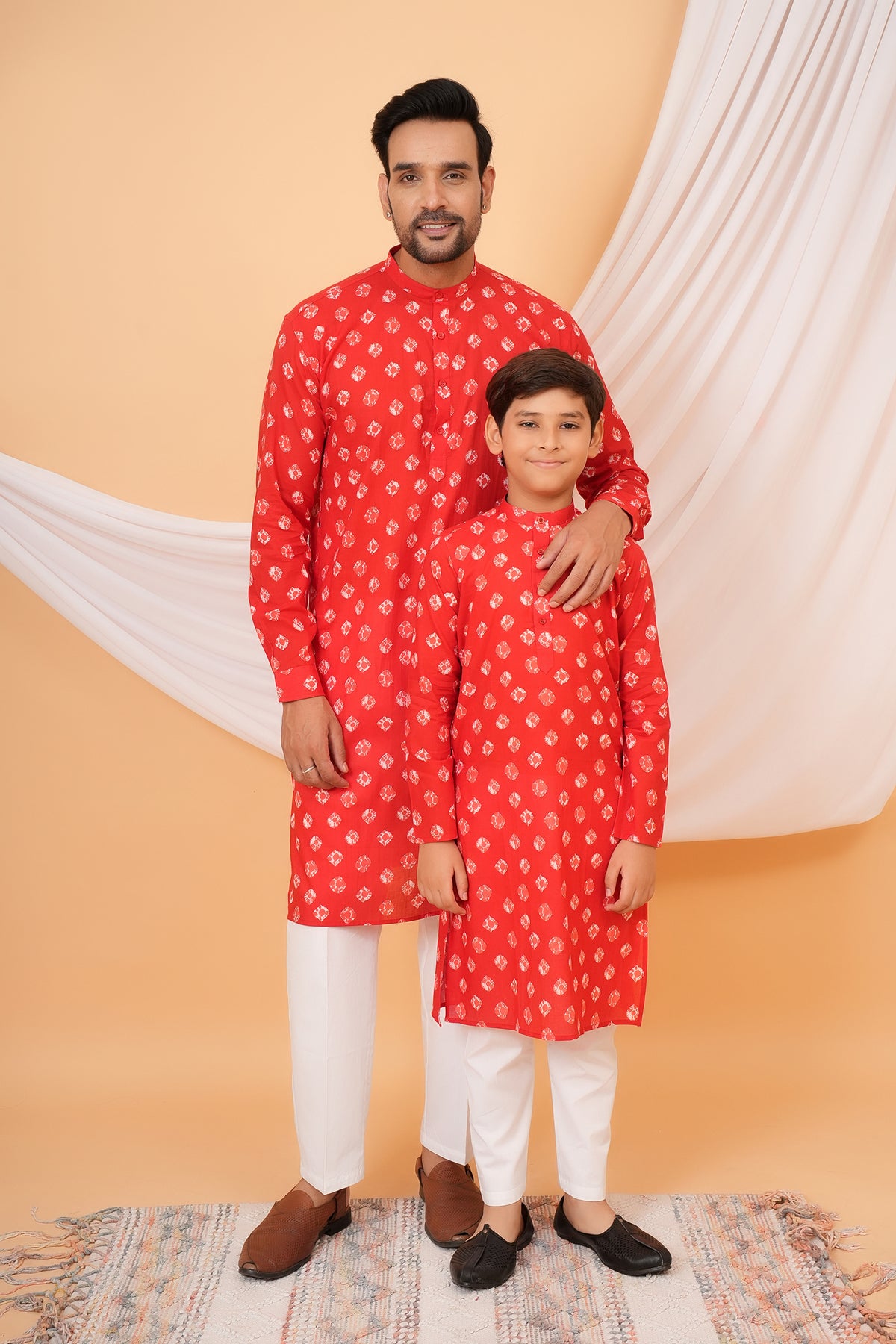 Stunning Bandhani-Inspired Printed Cotton Kurta For Beta In Red Color