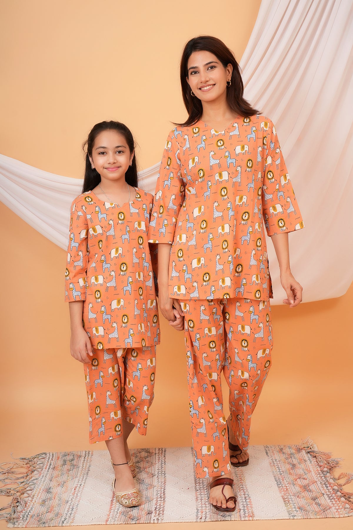 Giraffe & Lion Printed Night Dress for Maa Beti Duo - Orange