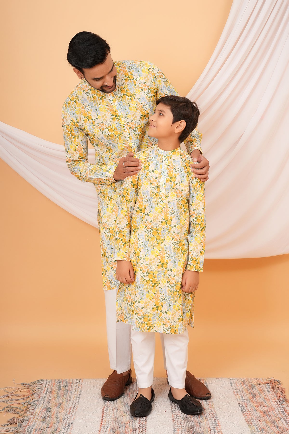 Colorful Flowers Printed Cotton Kurta For Beta-Yellow