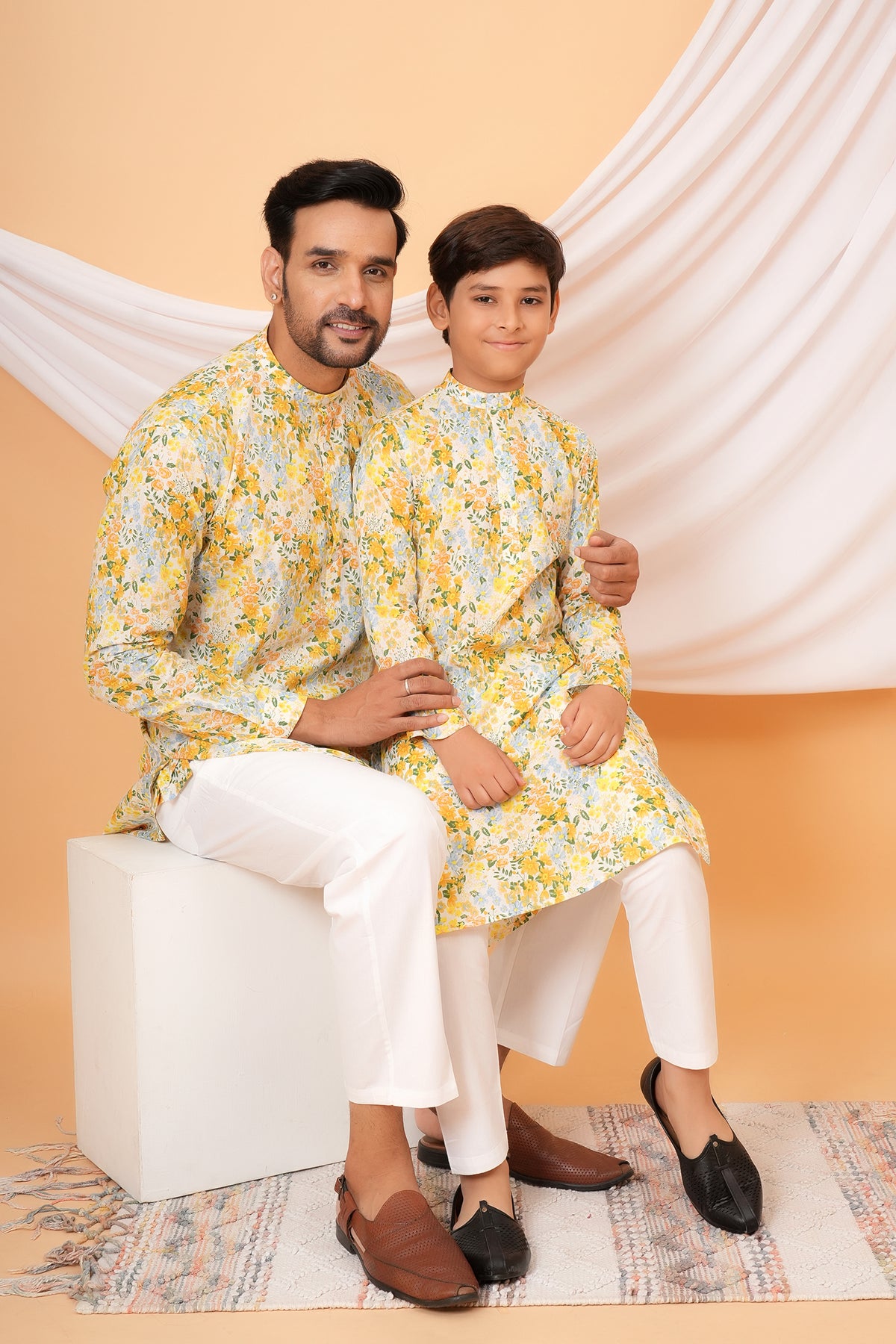 Colorful Flowers Printed Cotton Kurta For Baap Beta Duo-Yellow