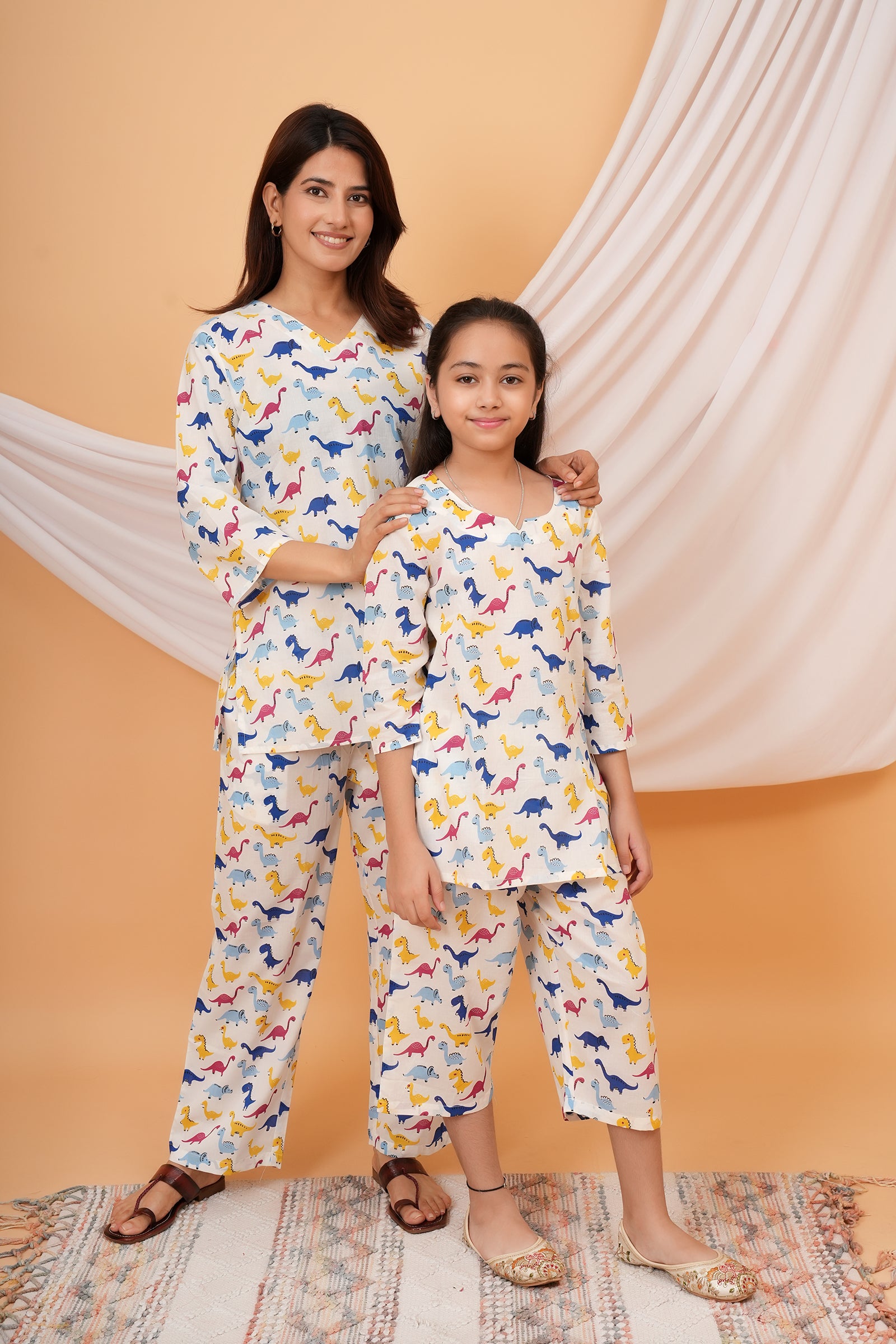 Blue, Pink, Yellow Dinosaur Printed Night Dress for Maa Beti Duo - White