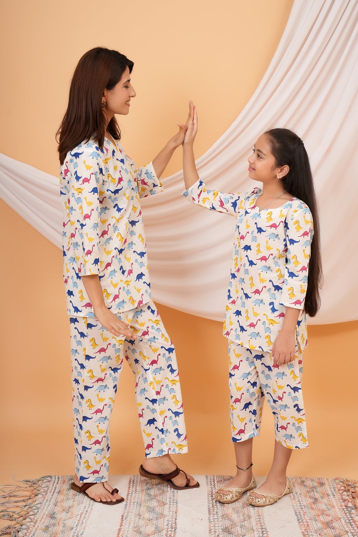 Blue, Pink, Yellow Dinosaur Printed Night Dress for Maa Beti Duo - White