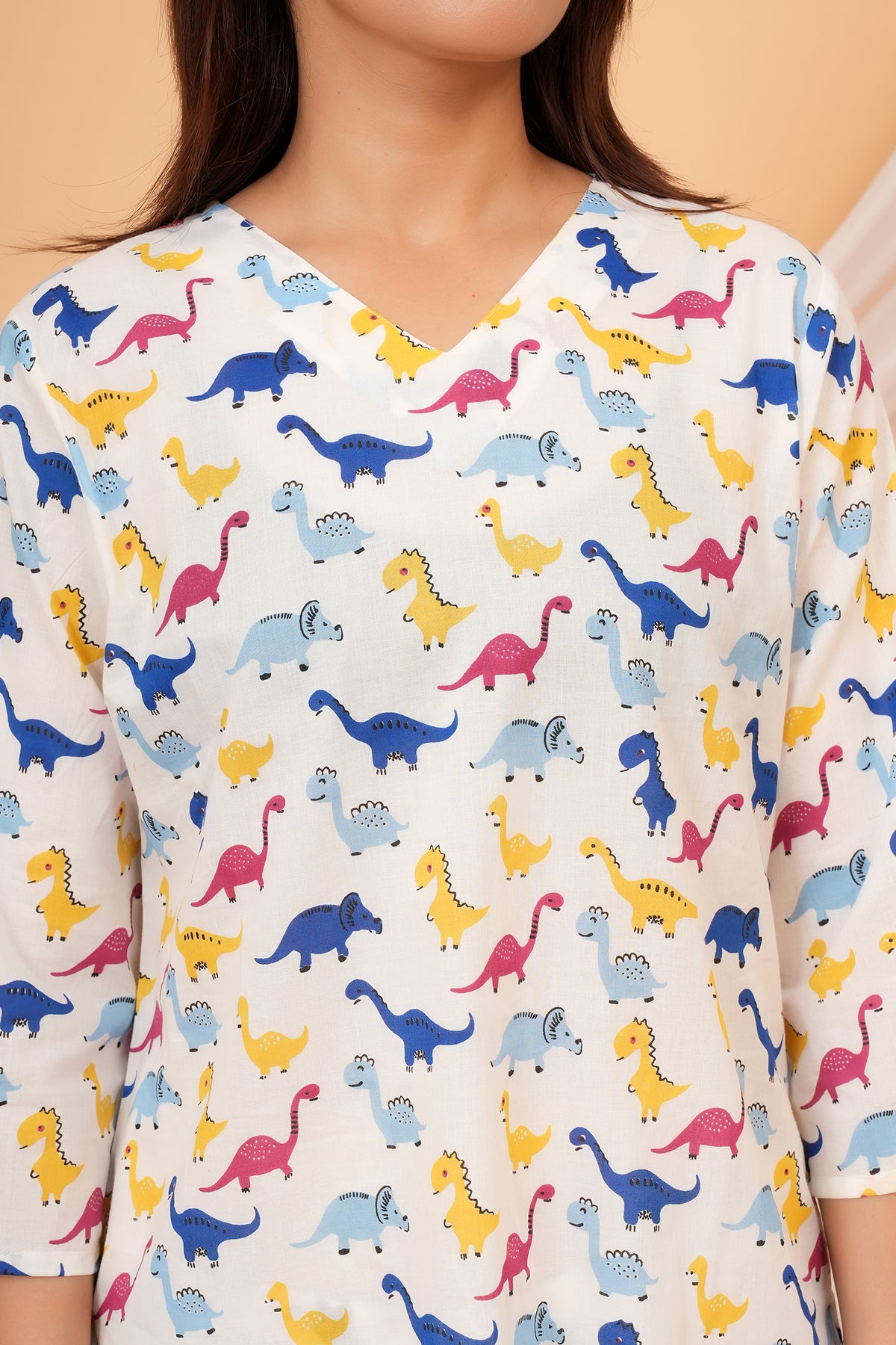 Blue, Pink, Yellow Dinosaur Printed Night Dress for Maa Beti Duo - White