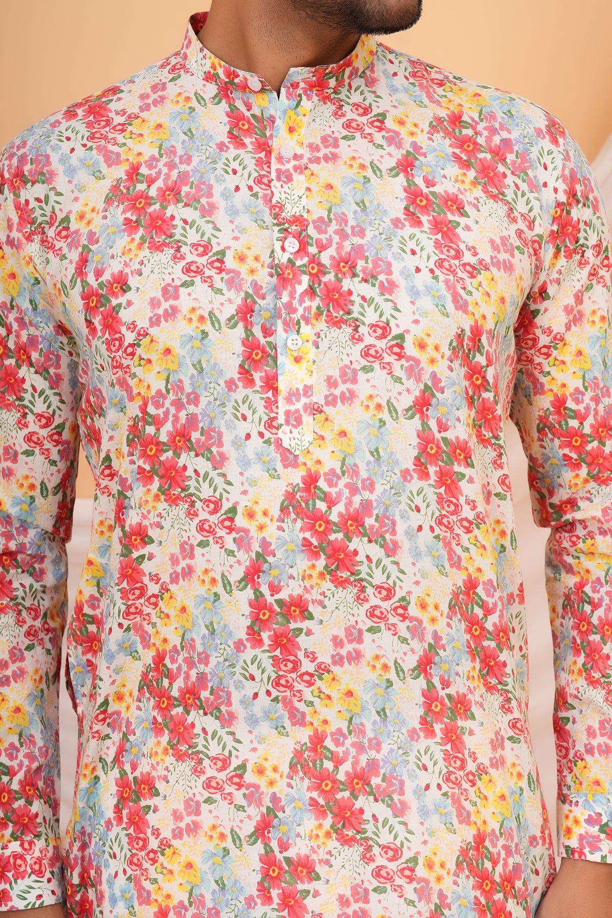 Aesthetic Multicolor All Over Printed Mandarin Collar Cotton Kurta For Father