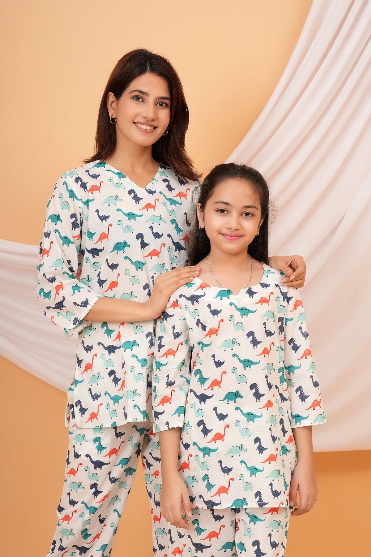 Green, Orange, Blue Dinosaur Printed Night Dress for Maa Beti Duo - White
