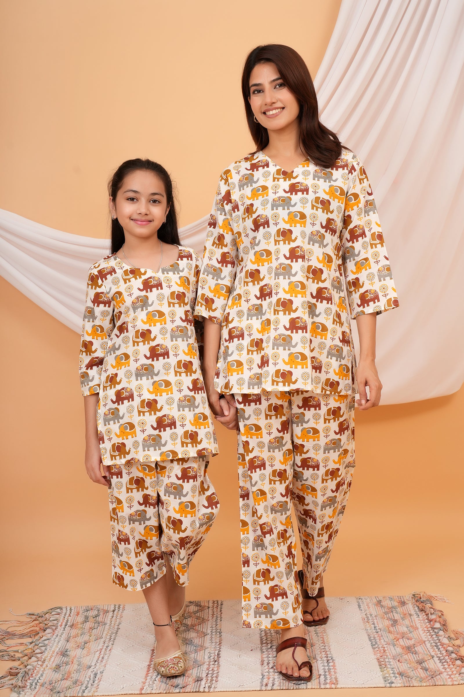 Elephant Printed Night Dress for Maa Beti Duo - White