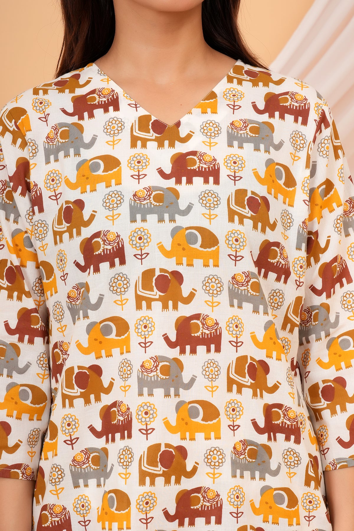 Elephant Printed Night Dress for Maa Beti Duo - White