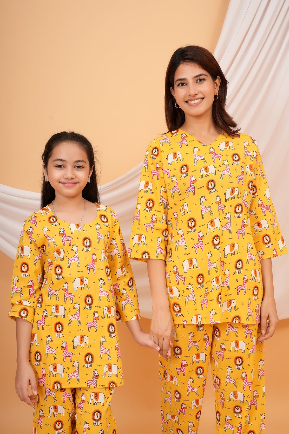 Giraffe, Lion & Zebra Printed Night Dress for Maa Beti Duo - Yellow