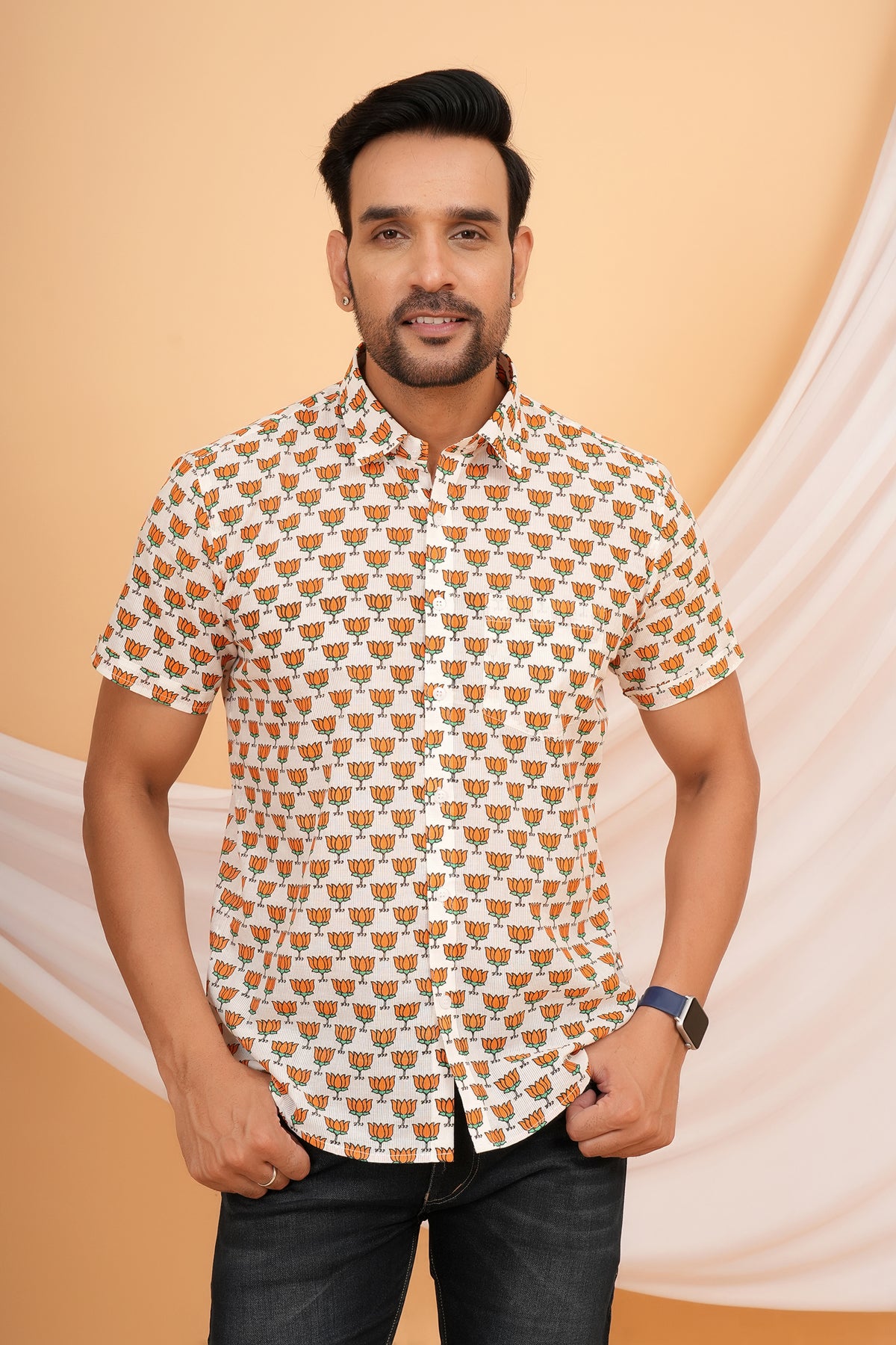 Traditional Lotus Motif In Vibrant Saffron Orange Color Shirt For Beta