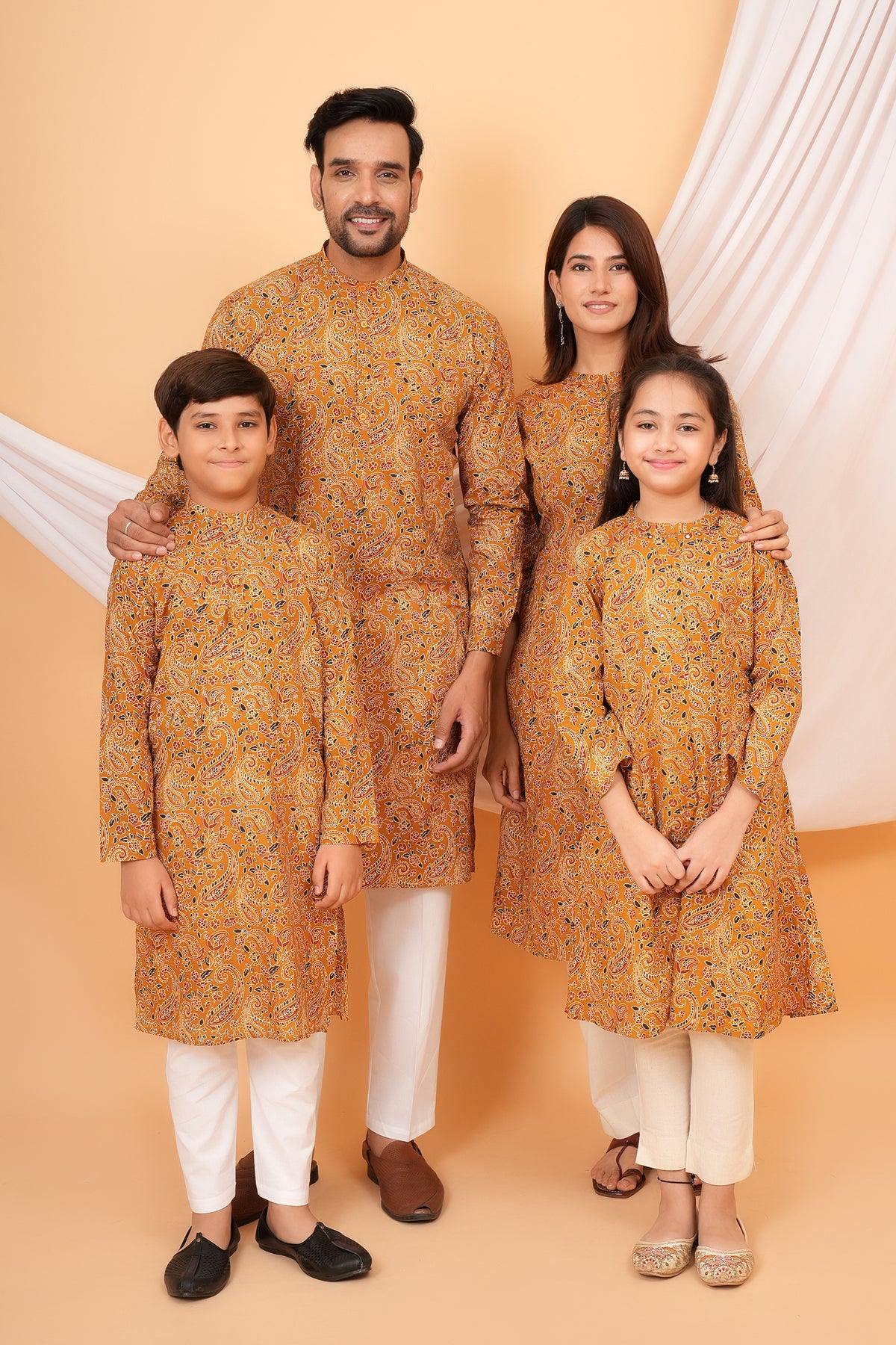 Kalamkari Inspired Paisley, Floral and Leafy Printed Kurta For Father- Mustard