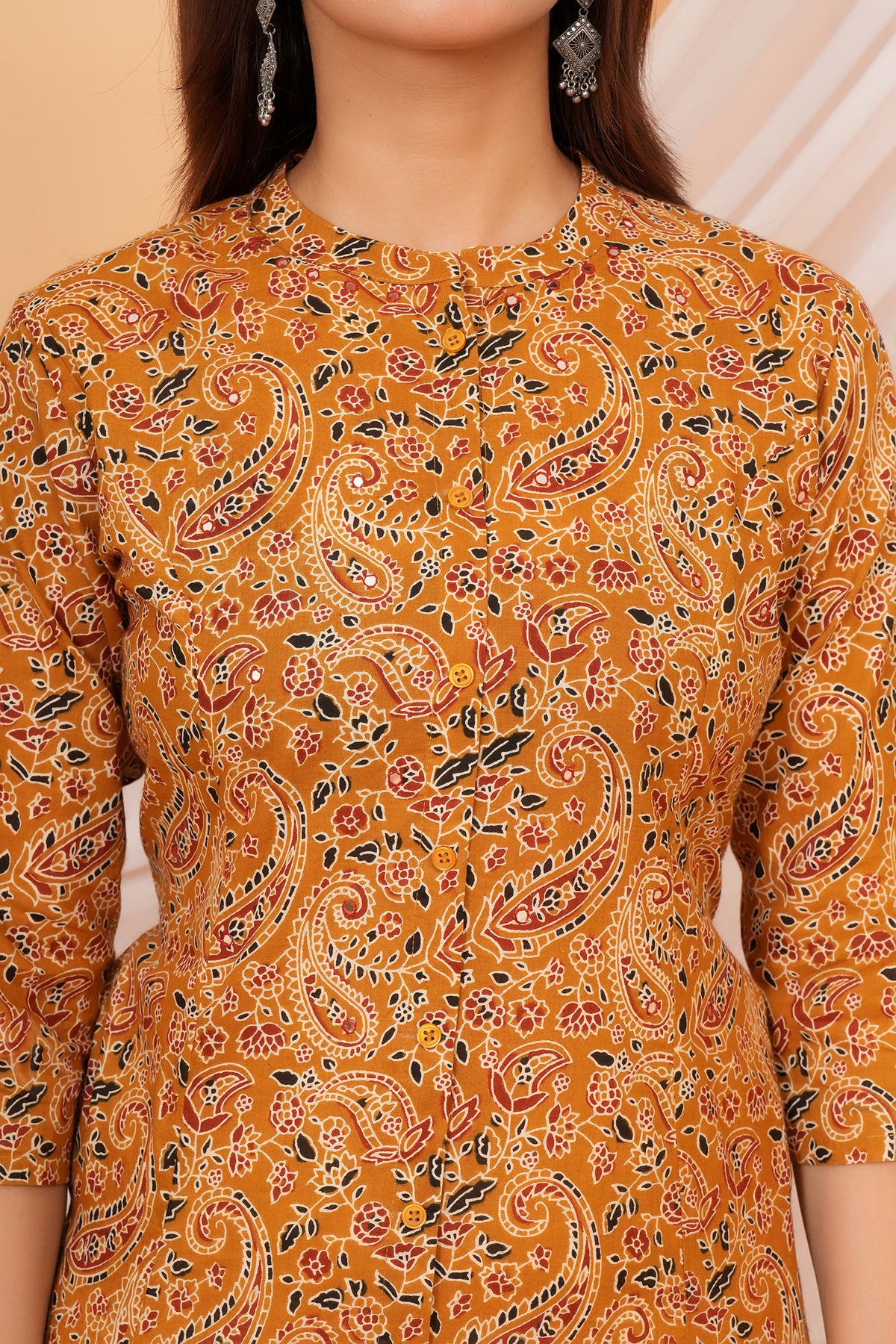 Kalamkari Inspired Paisley, Floral and Leafy Printed Kurta For Beta- Mustard