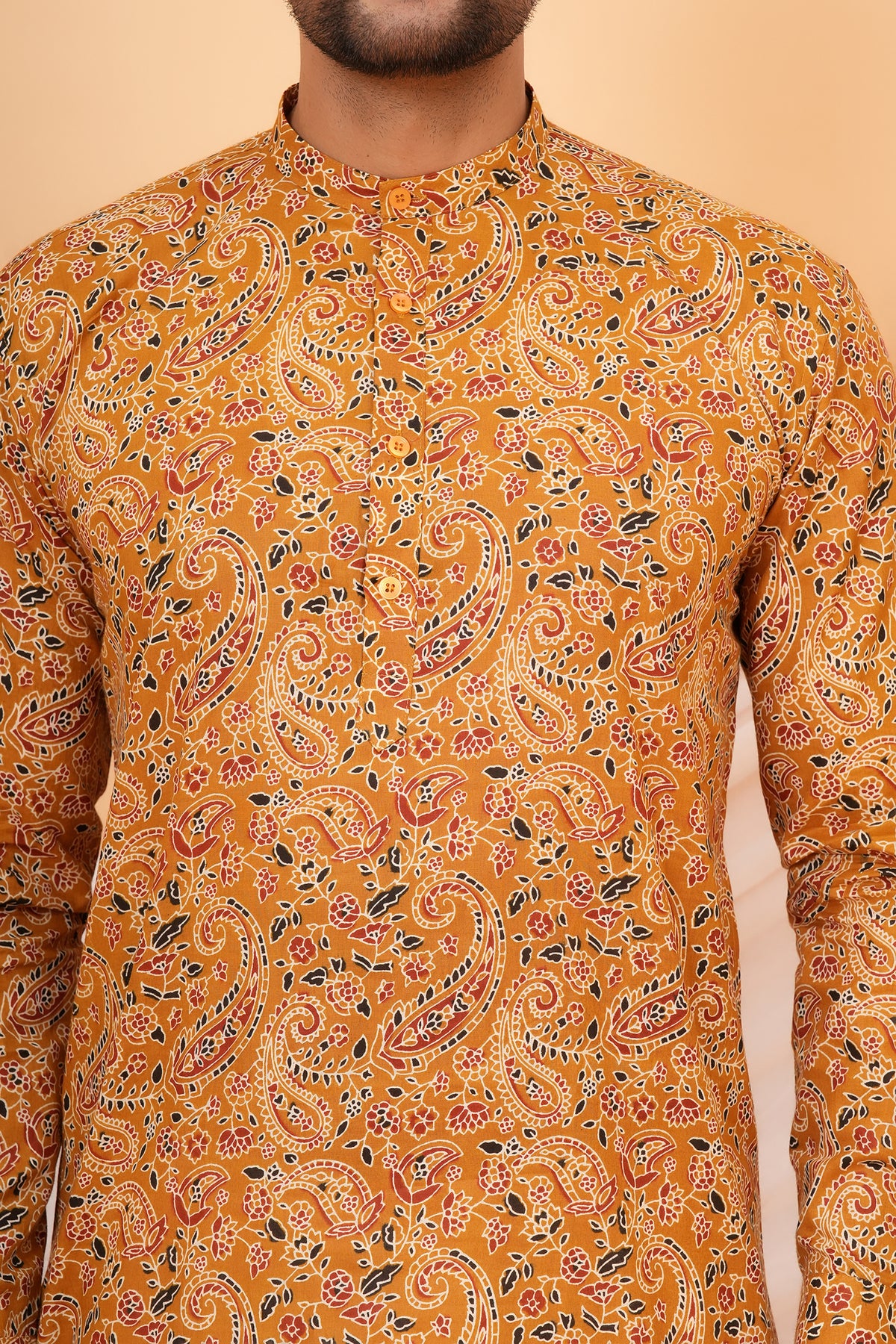 Kalamkari Inspired Paisley, Floral and Leafy Printed Kurta For Beta- Mustard
