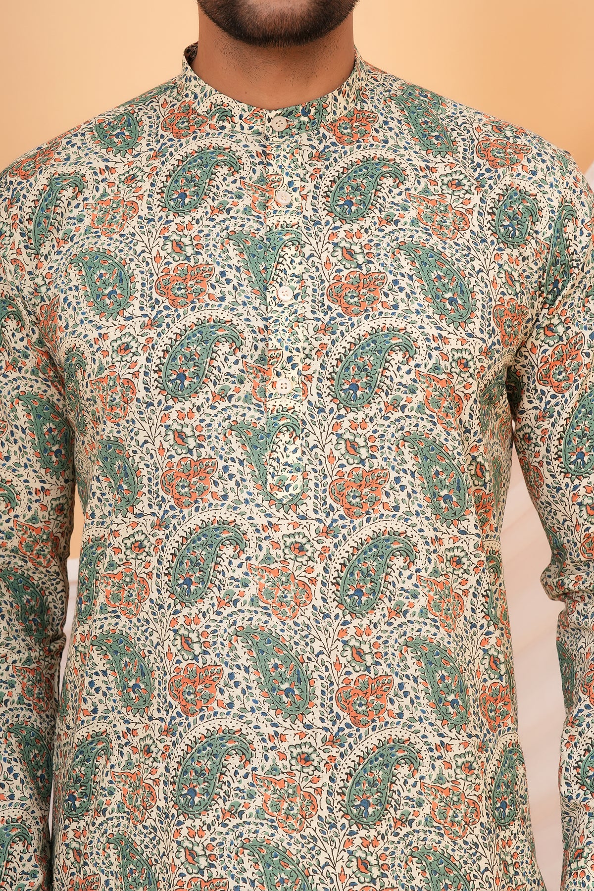 Detailed Traditional Paisley Printed Floral Buti Cotton Kurta For Beta-Off-White
