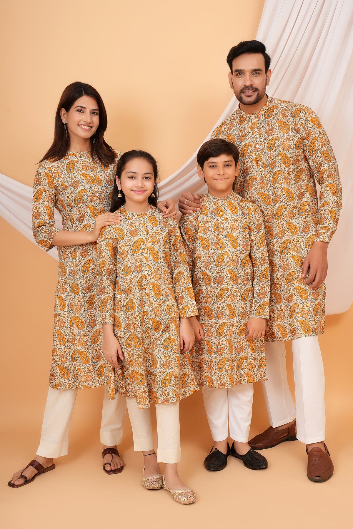 Paisley Printed Kalamkari Cotton Kurta with Mandarin Collar for Beta- Mustard Yellow