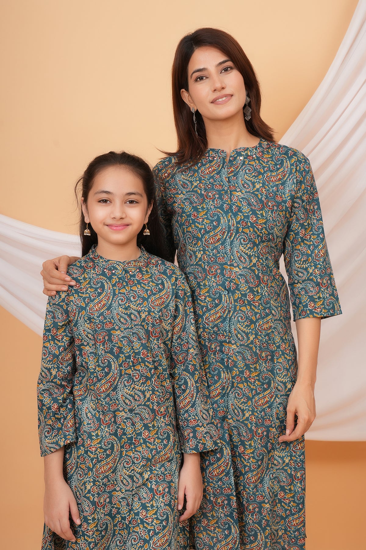 Soft Cotton Paisley Printed Floral Kurti For Mother-Teal Blue