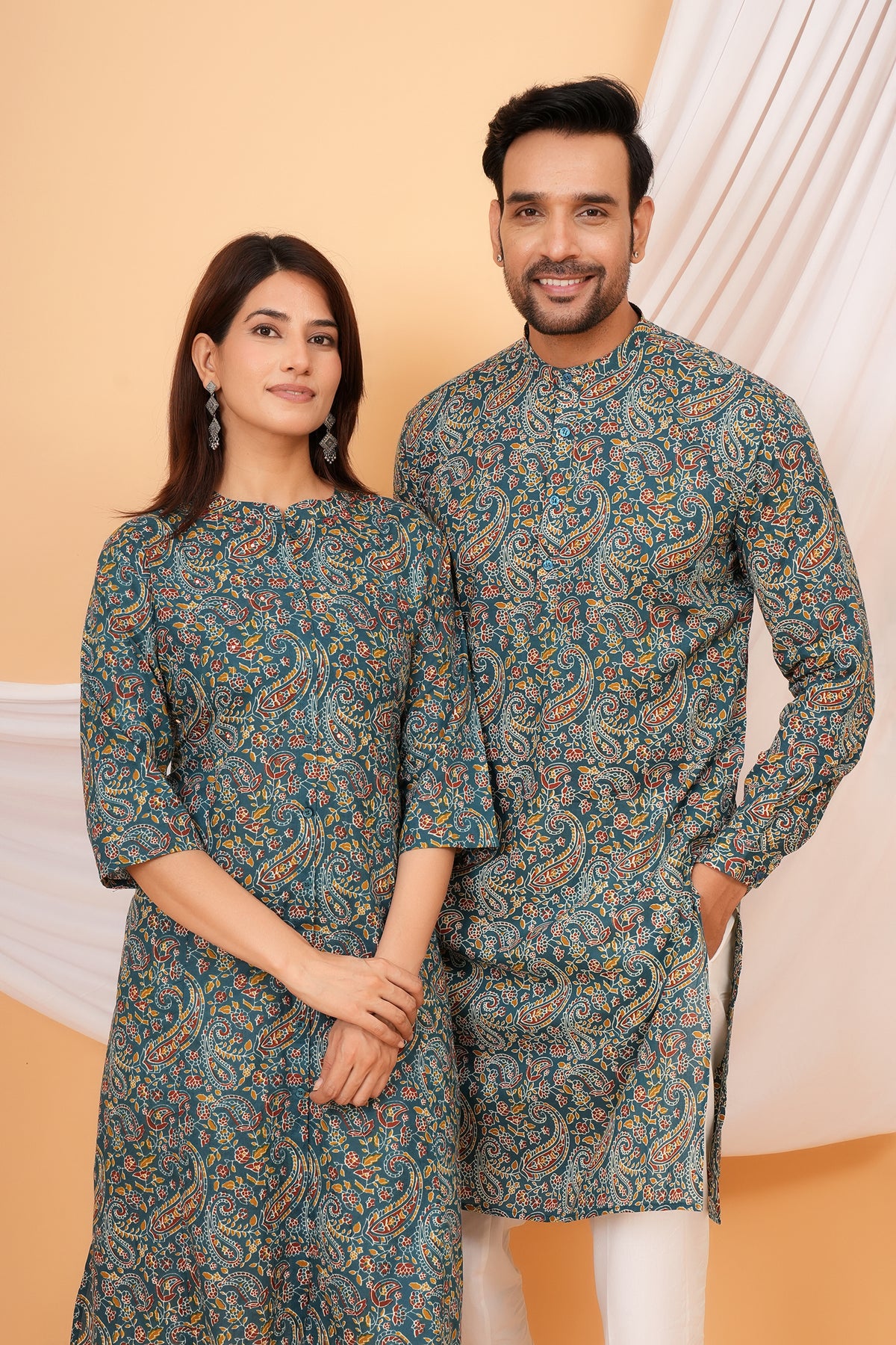 Soft Cotton Paisley Printed Floral Kurti For Mother-Teal Blue