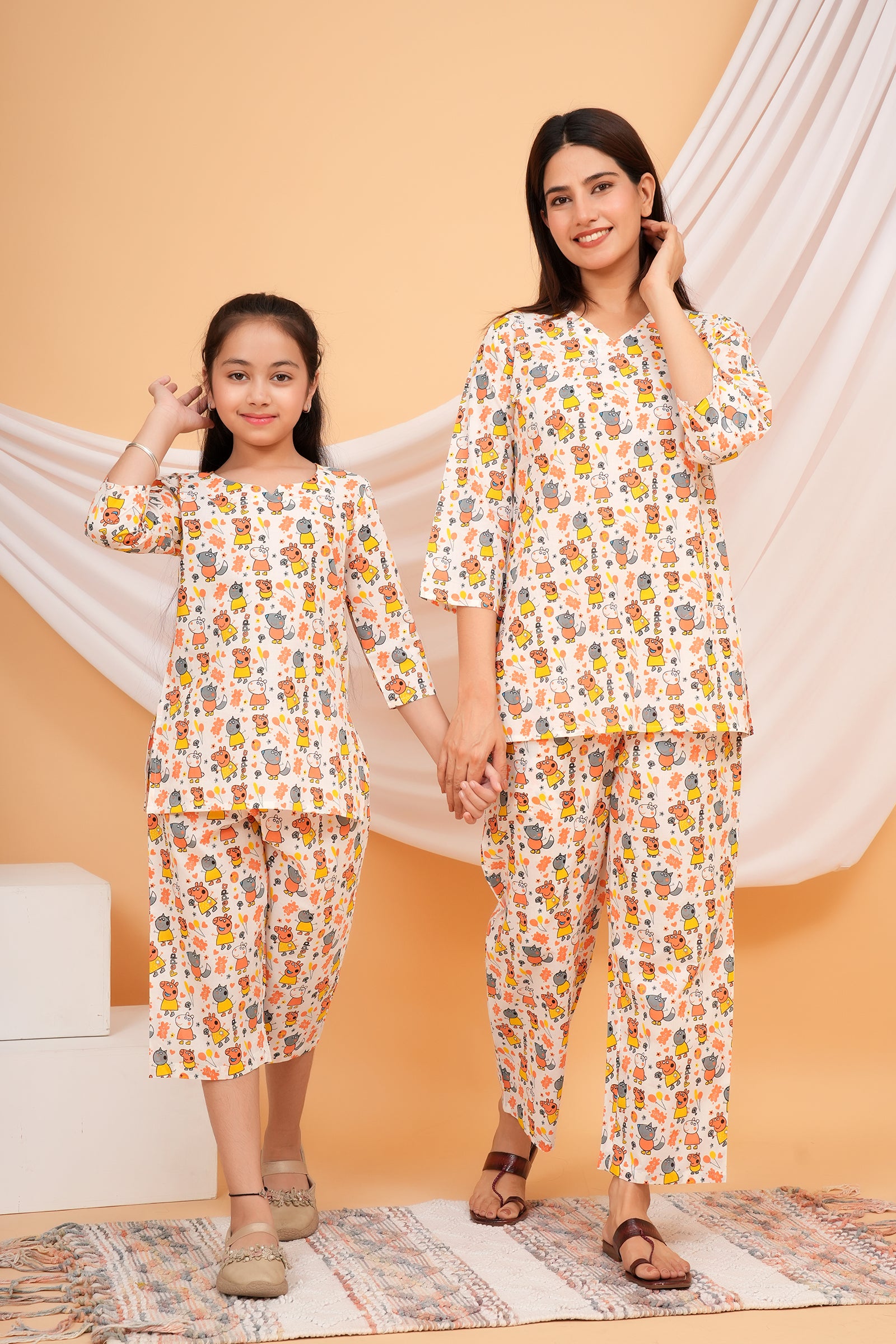 Yellow and Peach Peppa Pig Themed Nigh Dress for Maa Beti Duo - White