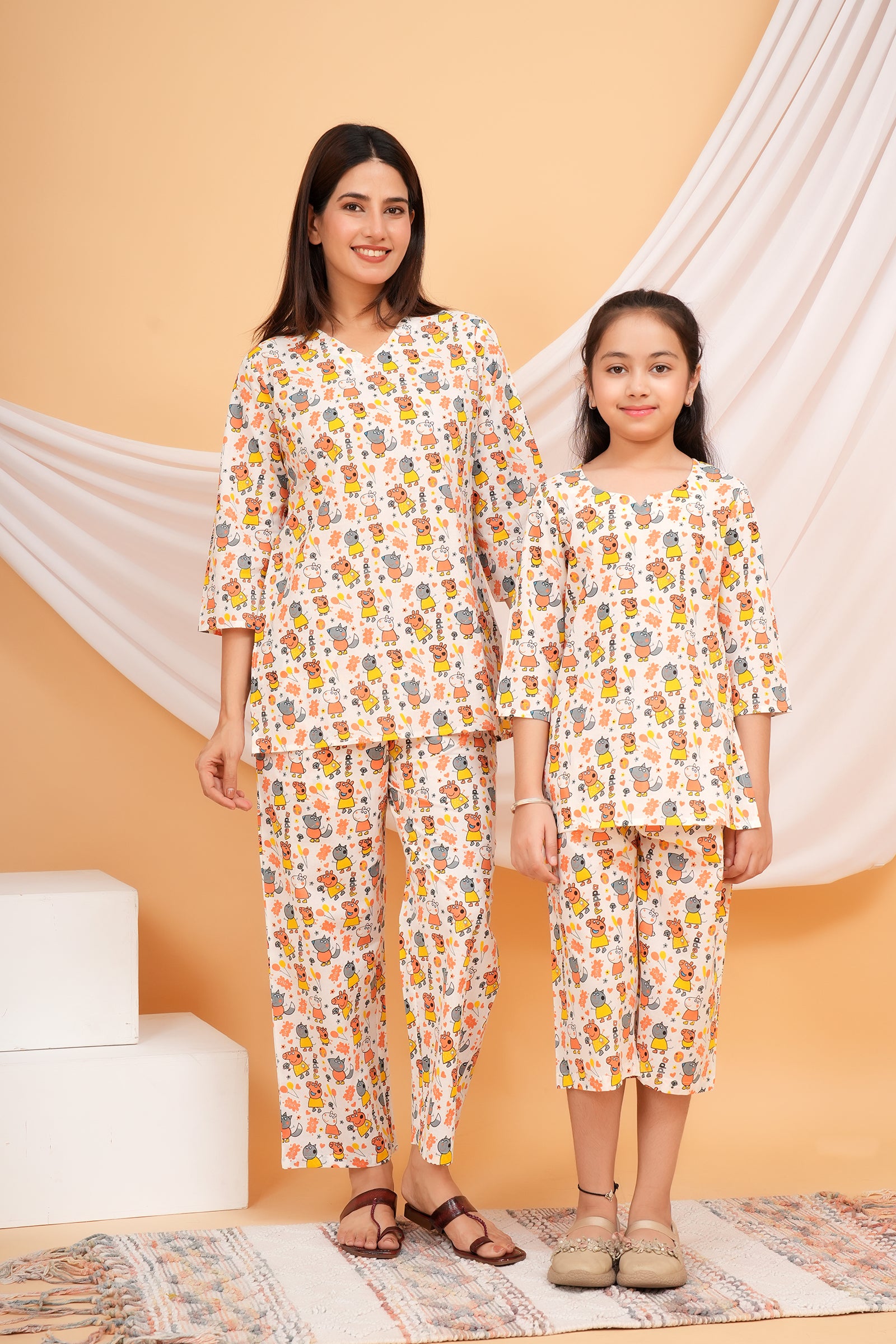 Yellow and Peach Peppa Pig Themed Nigh Dress for Maa Beti Duo - White
