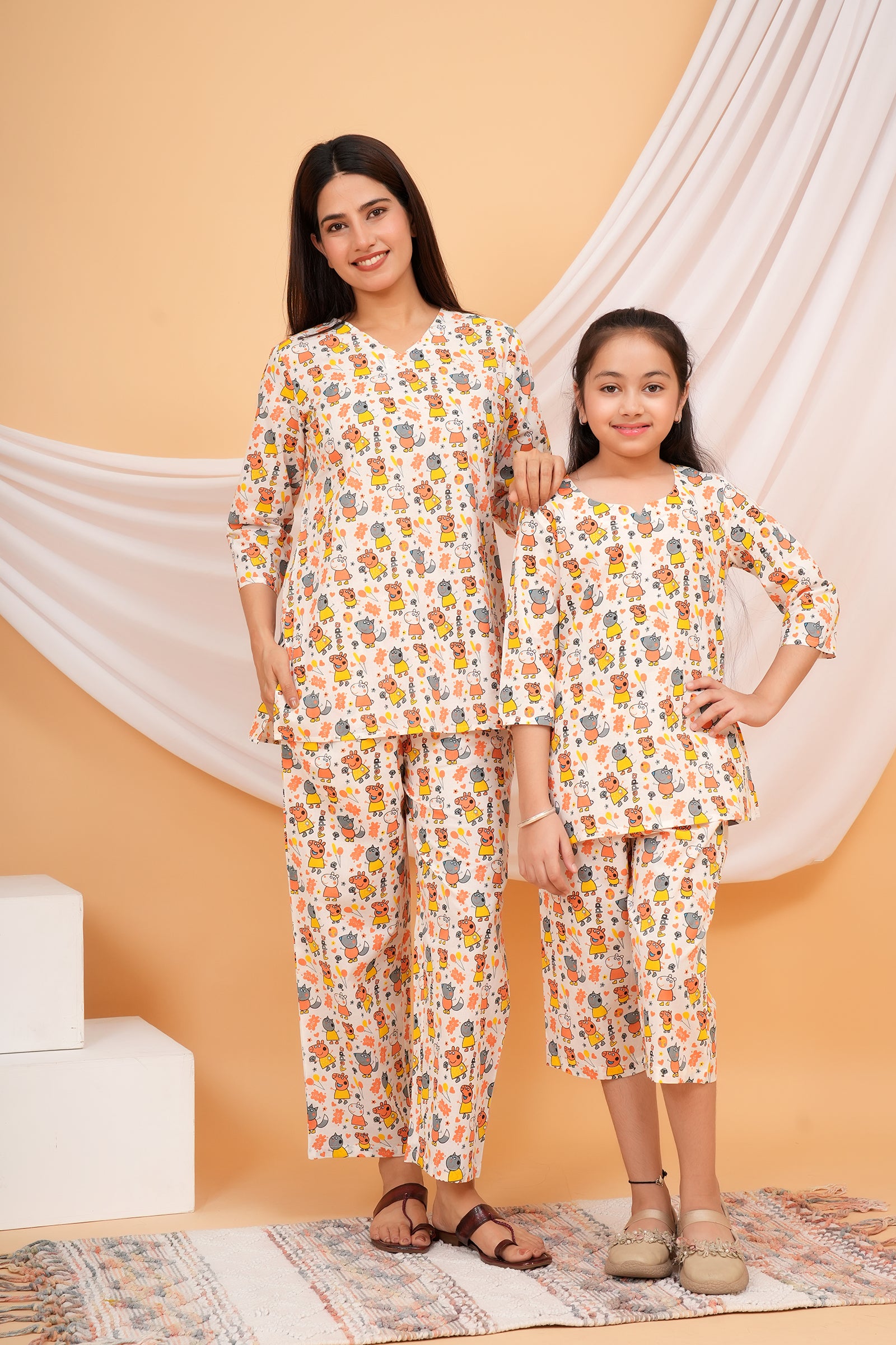Yellow and Peach Peppa Pig Themed Nigh Dress for Maa Beti Duo - White