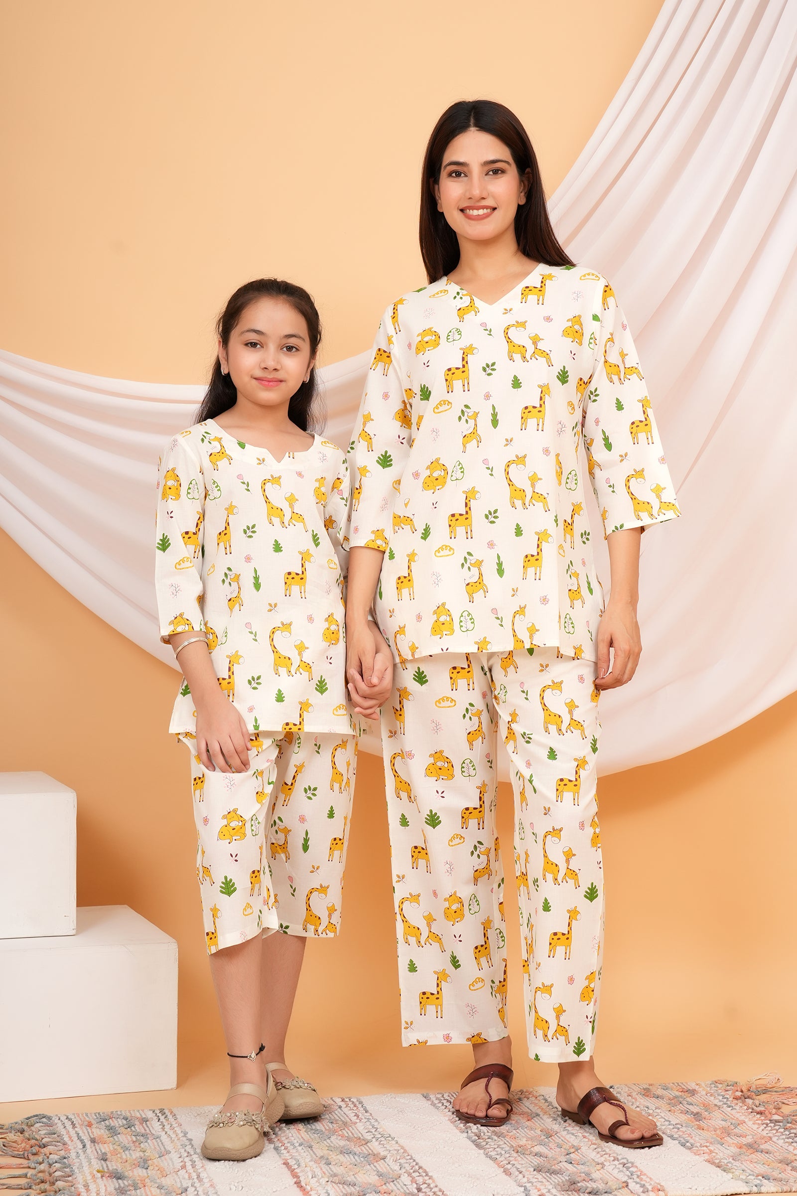Yellow Giraffe Printed Night Dress for Maa Beti Duo -White