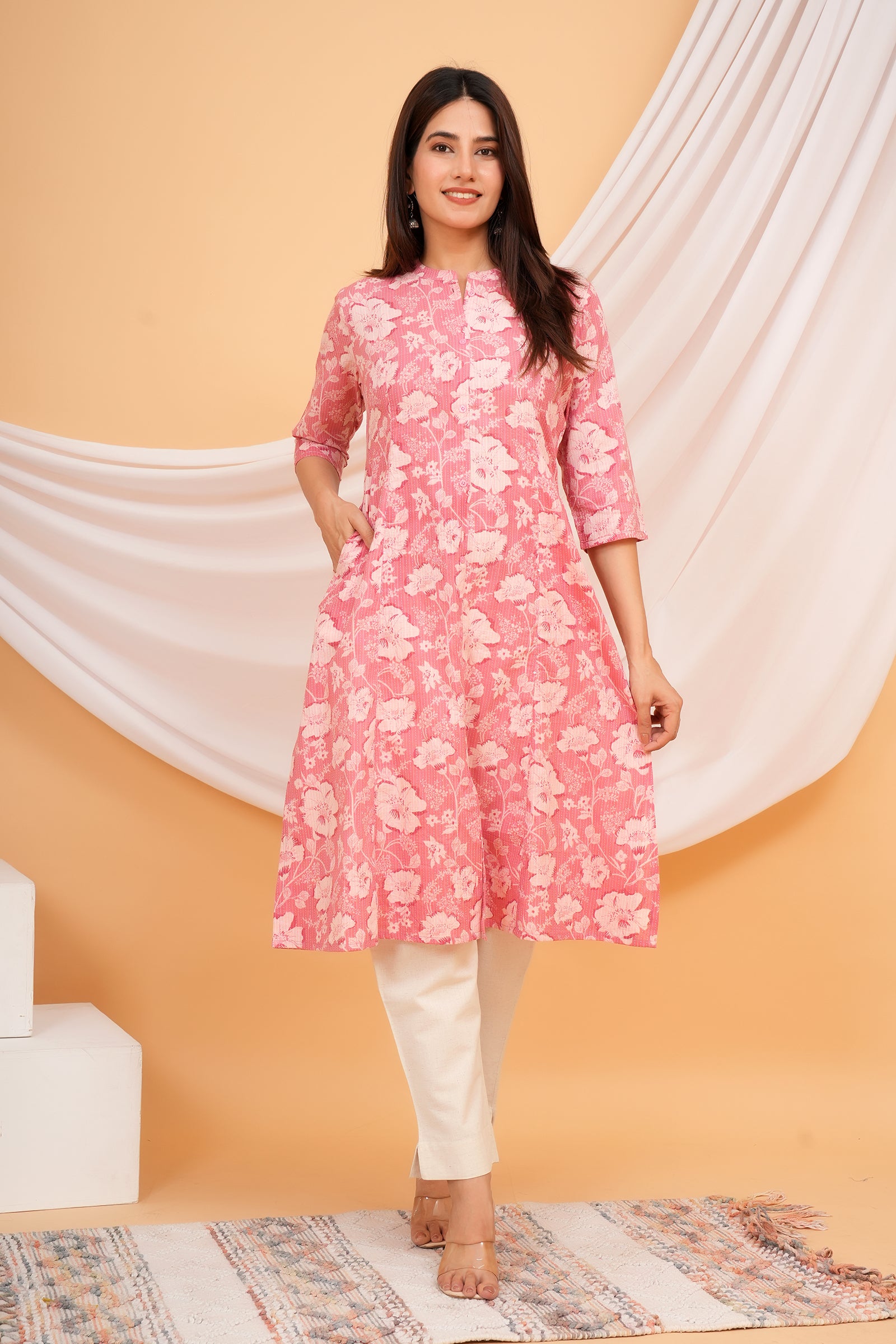 Floral Themed Pink Base Kantha Stitch Traditional Flower Printed Kurti for Women - Pink