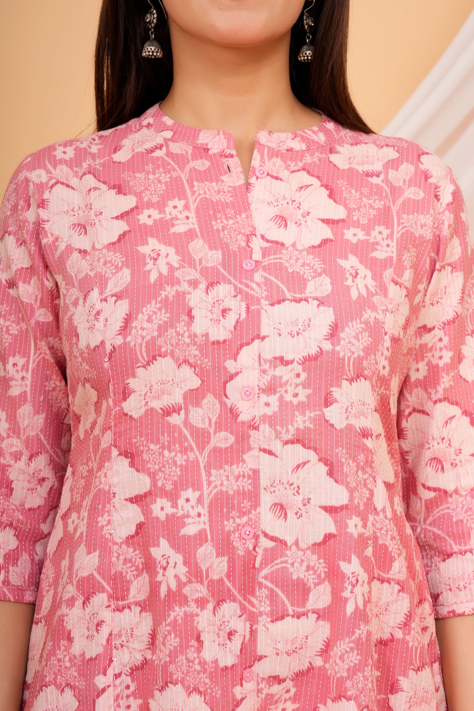 Floral Themed Pink Base Kantha Stitch Traditional Flower Printed Kurti for Women - Pink