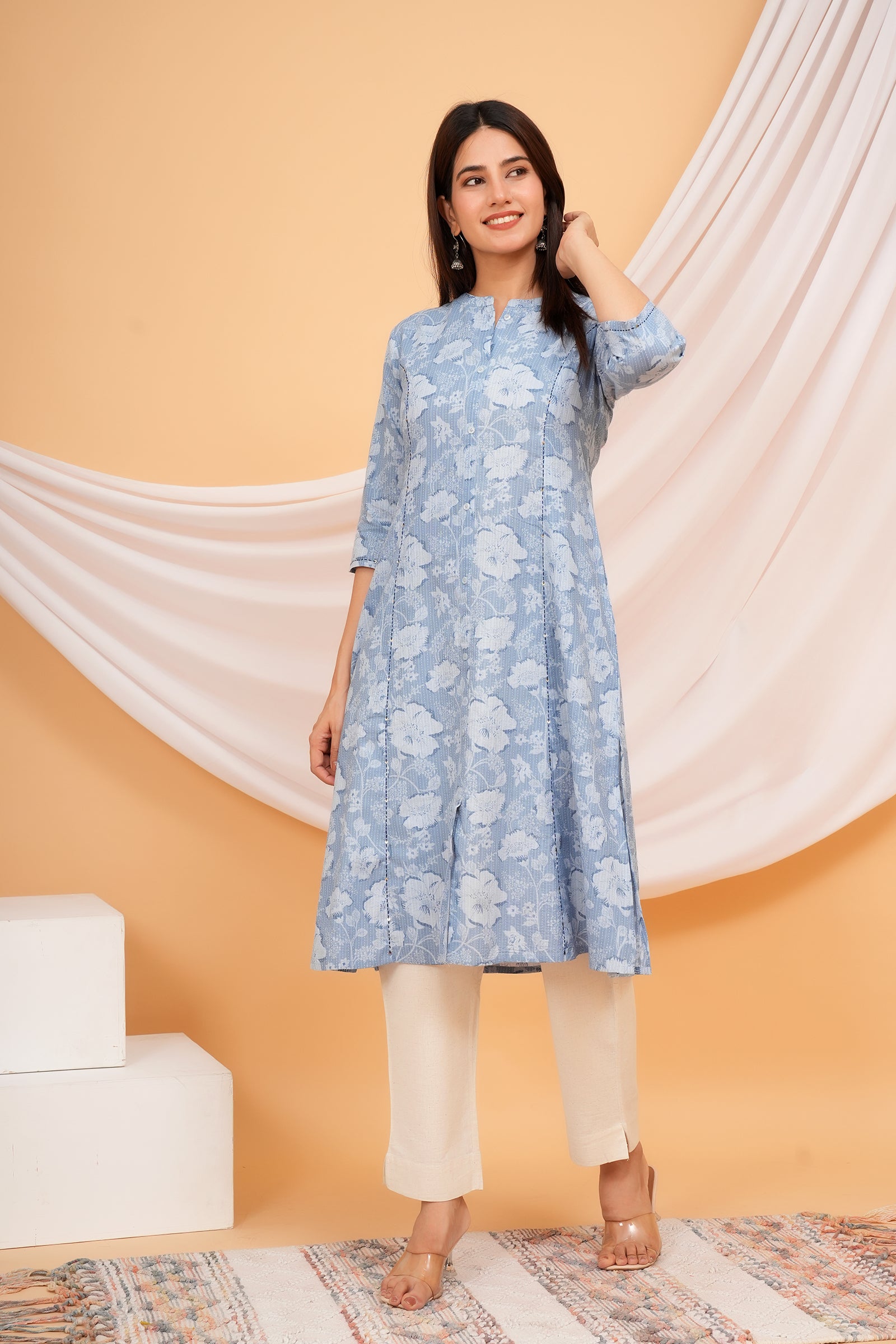 Floral Themed Blue Base Kantha Stitch Traditional White Flower Printed Kurti for Women - Sky Blue