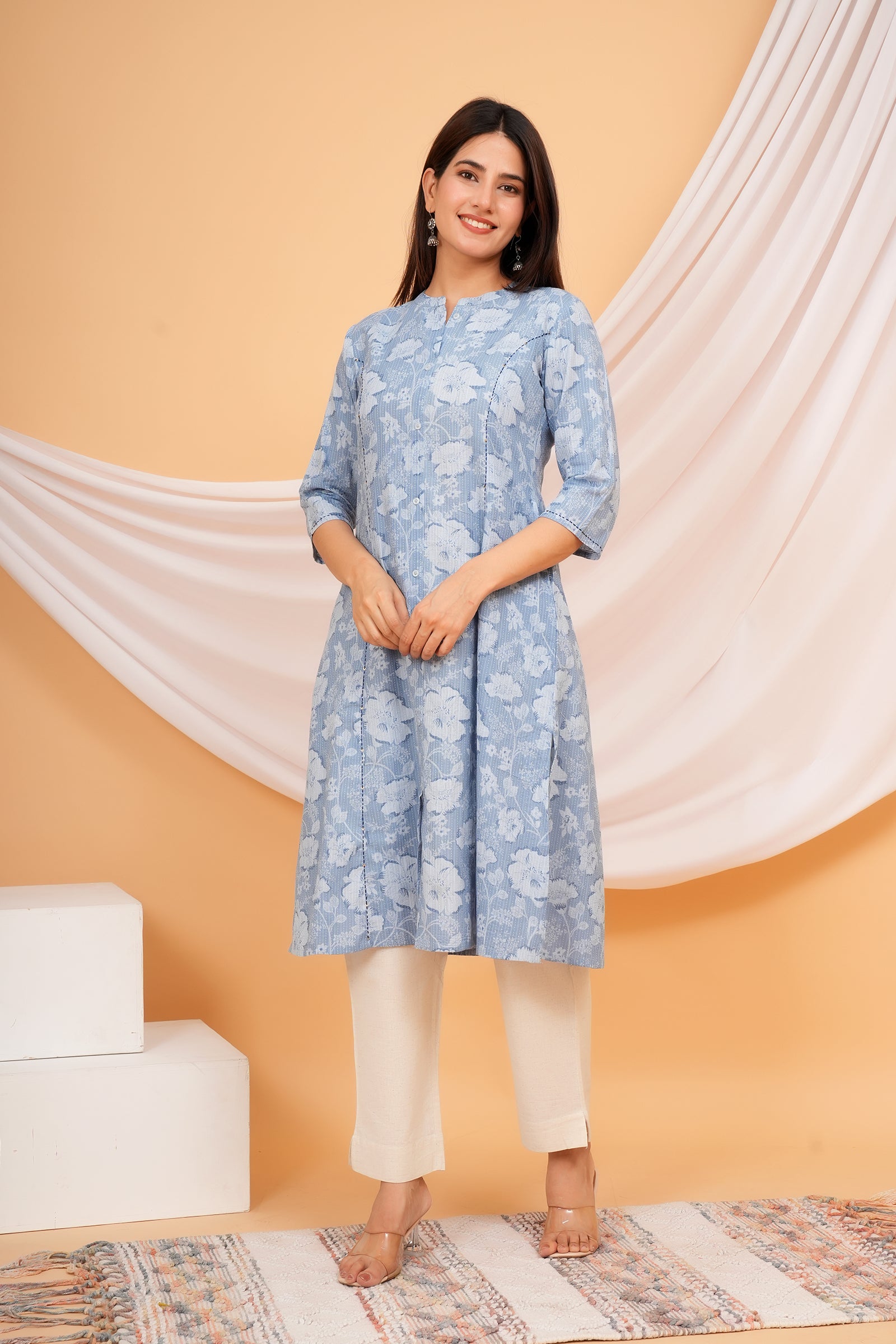 Floral Themed Blue Base Kantha Stitch Traditional White Flower Printed Kurti for Women - Sky Blue