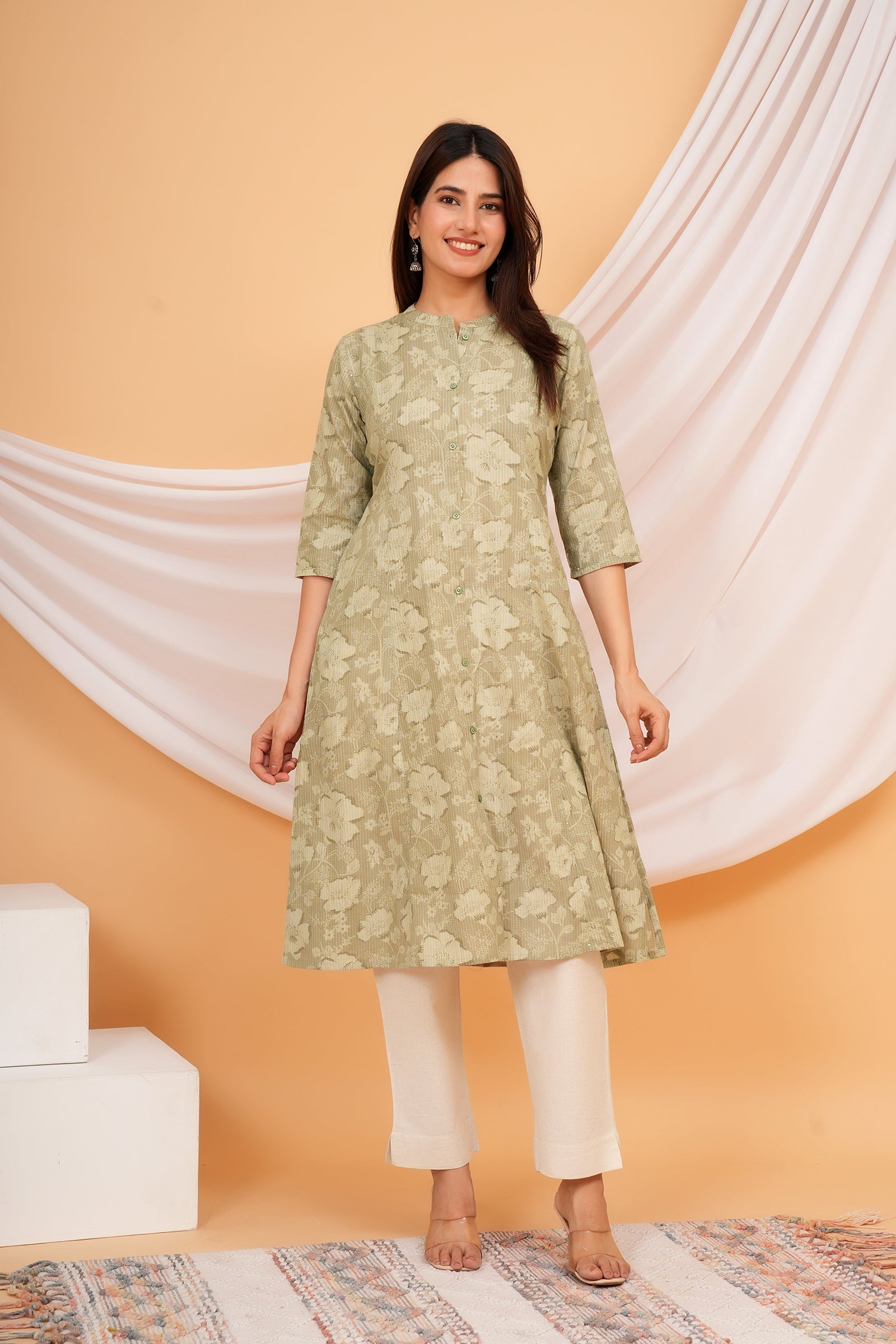 Floral Themed Greyish Green Base Kantha Stitch Traditional Flower Printed Kurti for Women - Grey Green