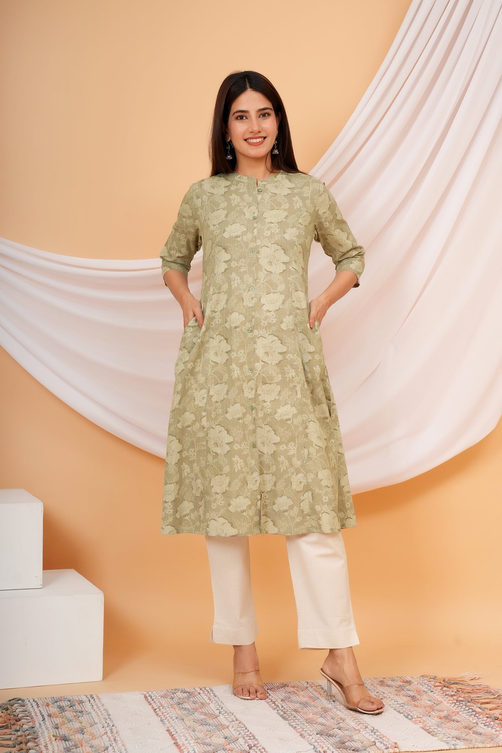 Floral Themed Greyish Green Base Kantha Stitch Traditional Flower Printed Kurti for Women - Grey Green