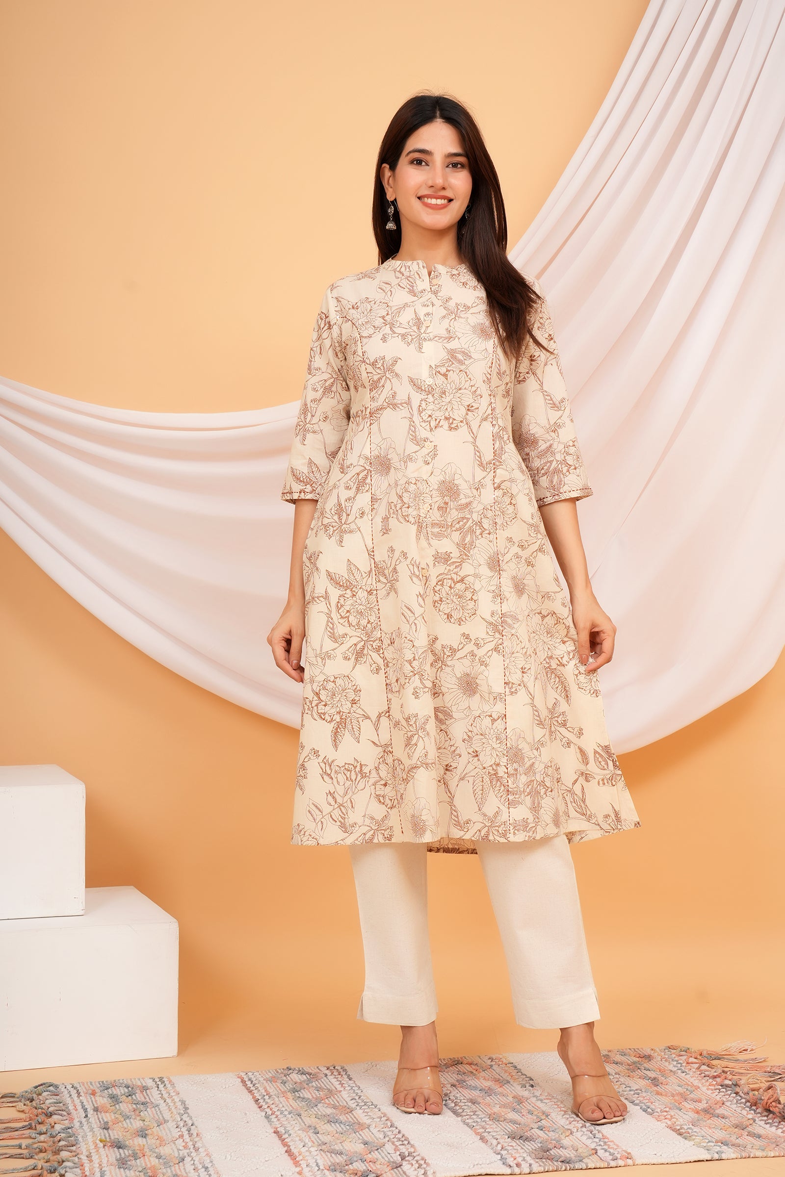 Floral Themed Beige Base Traditional Brown Flower Printed Kurti for Women - Brown & Beige