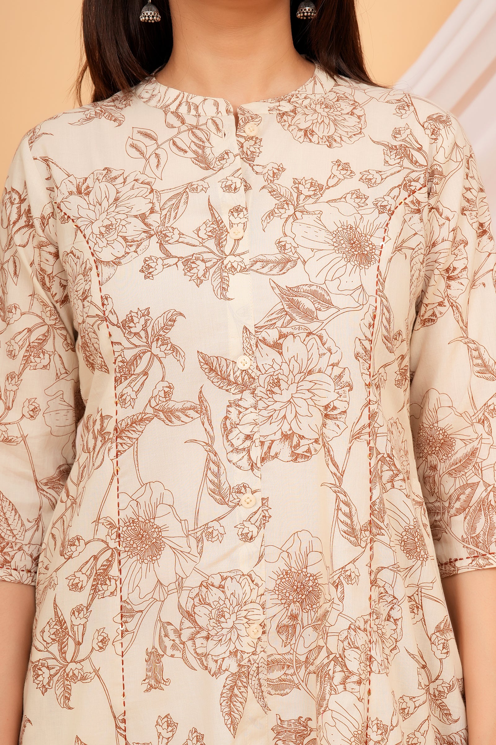 Floral Themed Beige Base Traditional Brown Flower Printed Kurti for Women - Brown & Beige
