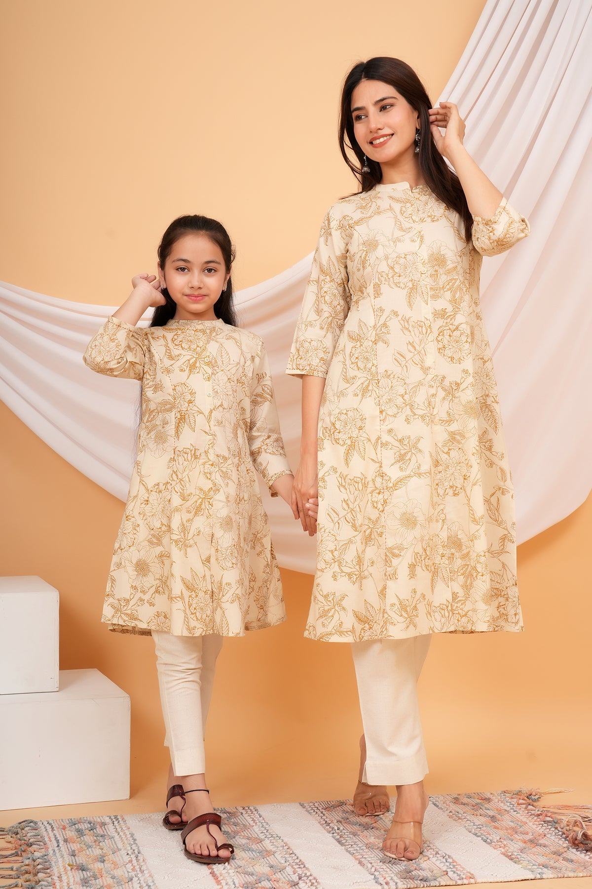 Delicated Floral Printed Soft Ivory Based Cotton Kurti For Mother